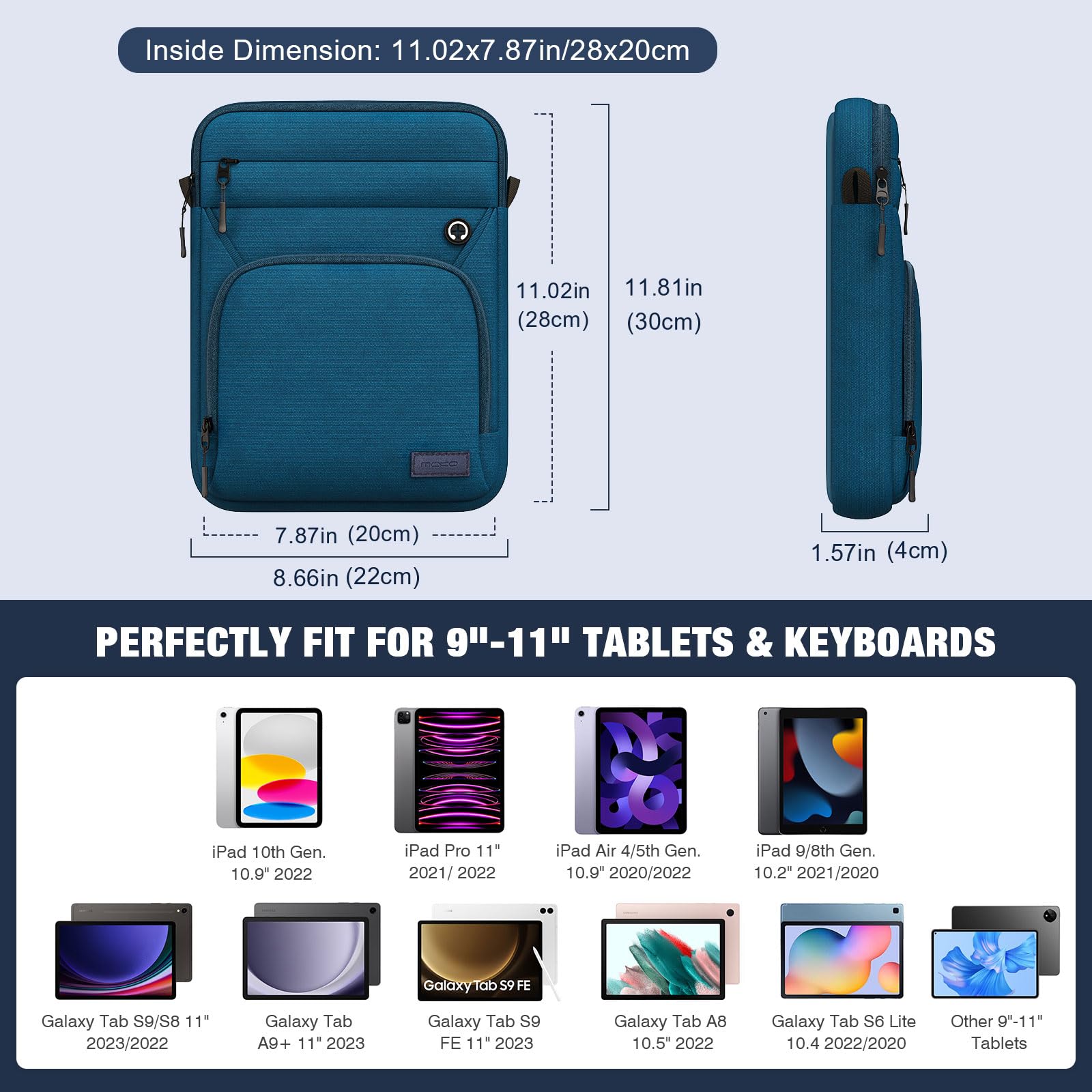 MoKo 9 11 Inch Tablet Sleeve Bag,Fits New iPad Air/Pro 11 inch 2024,iPad Air 5/4th 10.9,iPad 9/8/7th 10.2,iPad 10th Gen 10.9,Tab S9 11,Multifunctional Bag with Shoulder and Headphone Port,Peacock Blue