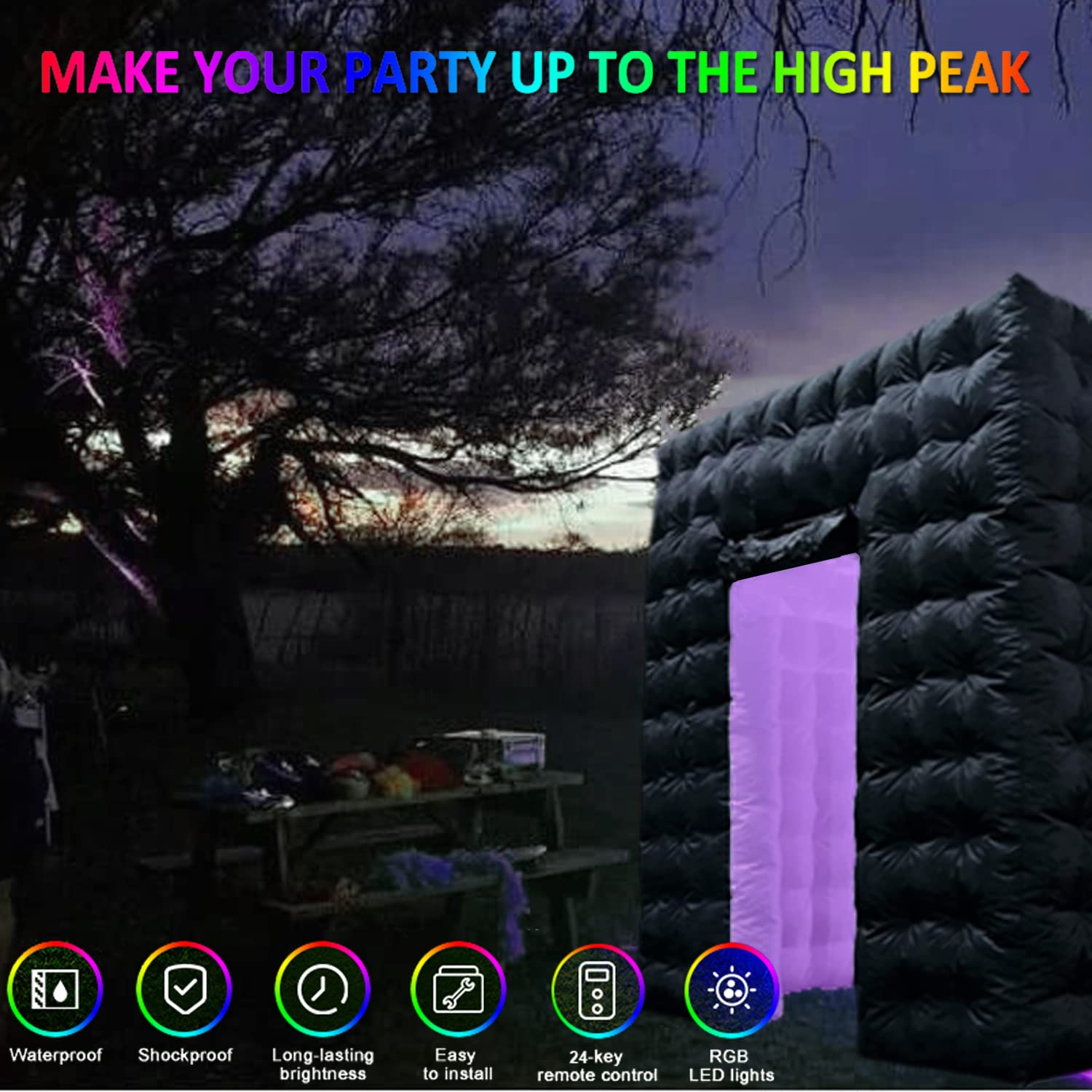 CZGBRO Inflatable Photo Booth Tent 8.2x8.2ft Black with 16-Color LED Lights & 2 Doors