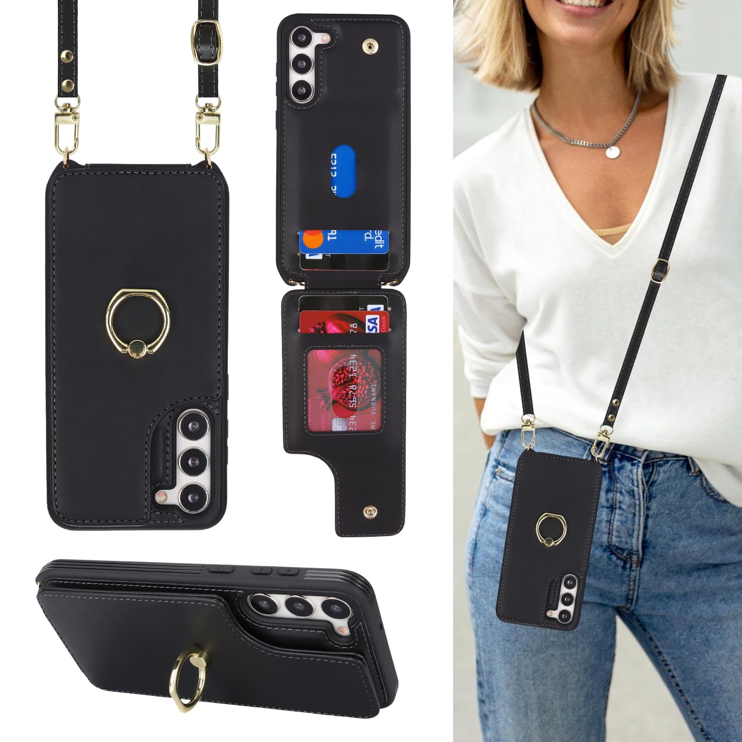 Lipvina for Samsung Galaxy S22 Case with Card Holder and Strap for Women,Crossbody Lanyard,Ring Stand,Snap Clasp,Phone Wallet Ca