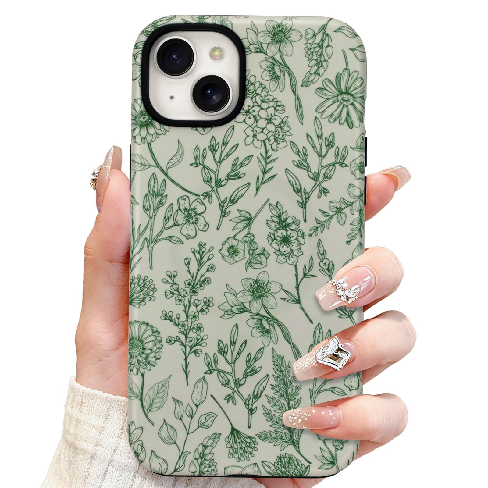 SOKAD Magnetic Sage Floral Phone Case for iPhone 15 Plus, Vintage Green Flower Pattern Compatible with Magsafe Matte Protective 