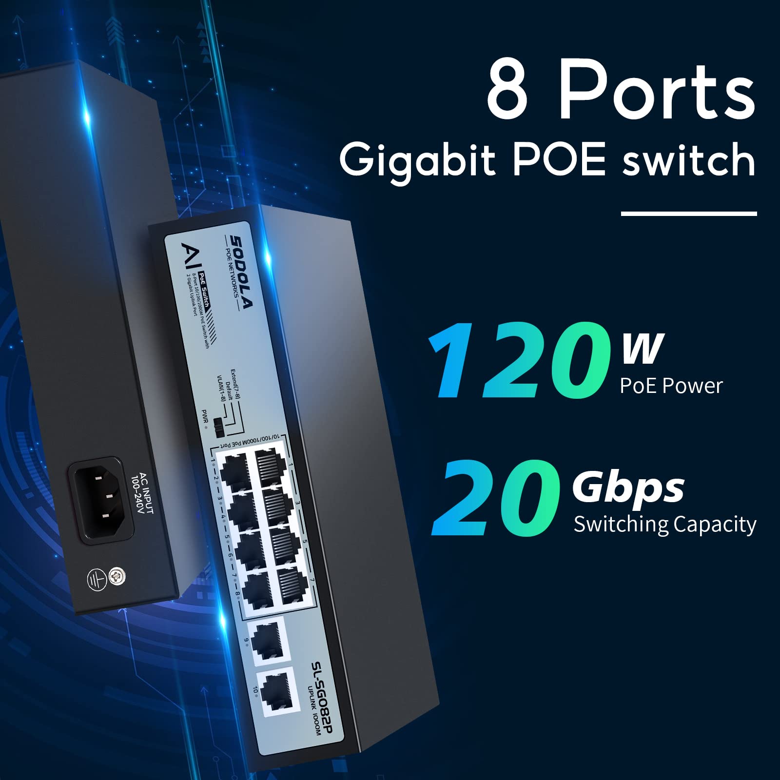 Sodola 8 Port Gigabit Poe Switch,2 Gigabit Uplinks,120W 48V Built In Power,802.3Af/At,Plug & Play Unmanaged Poe Network Switch