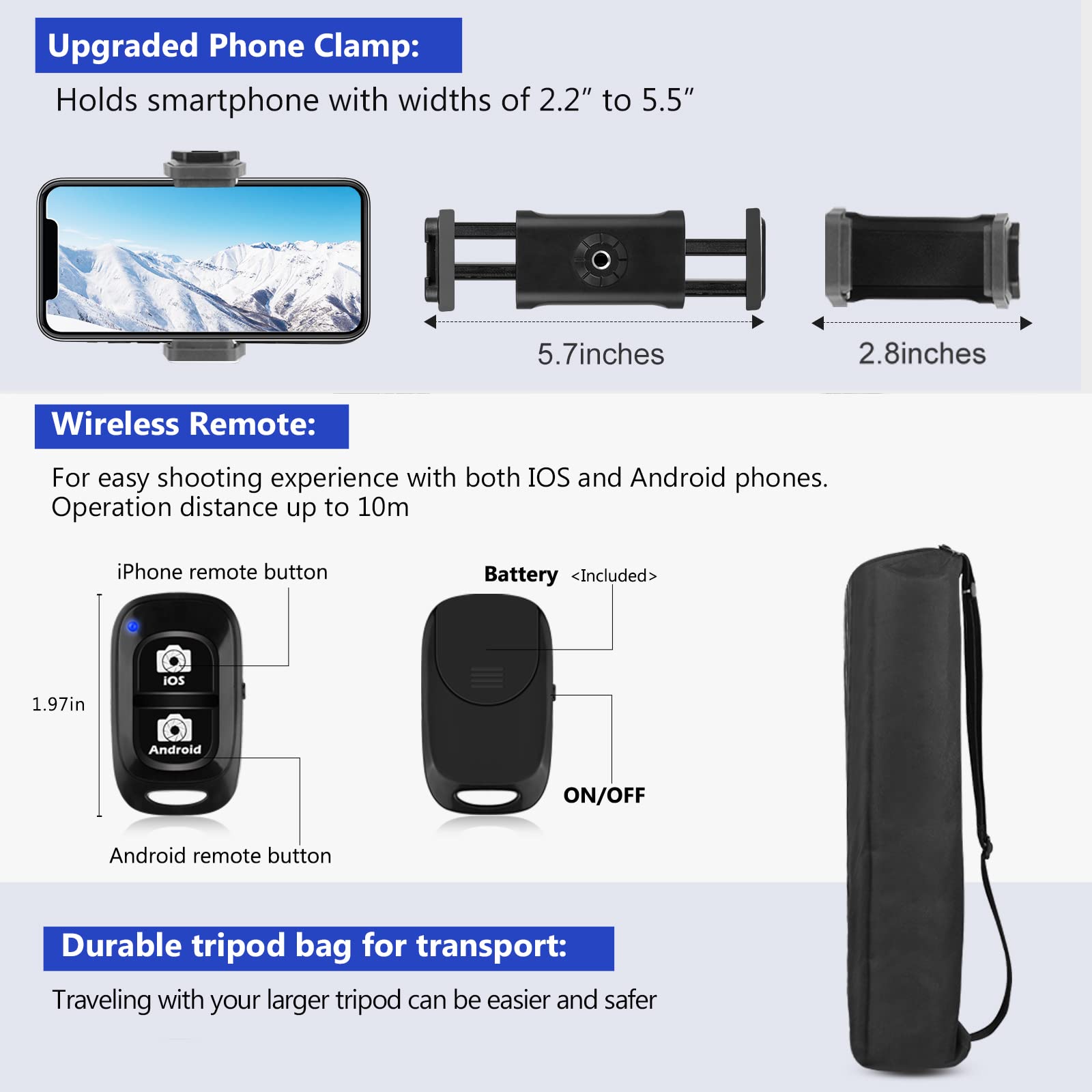 Aureday 74 Camera Tripod With Travel Bag,Cell Phone Tripod With Wireless Remote And Phone Holder, Compatible With Dslr Cameras,C