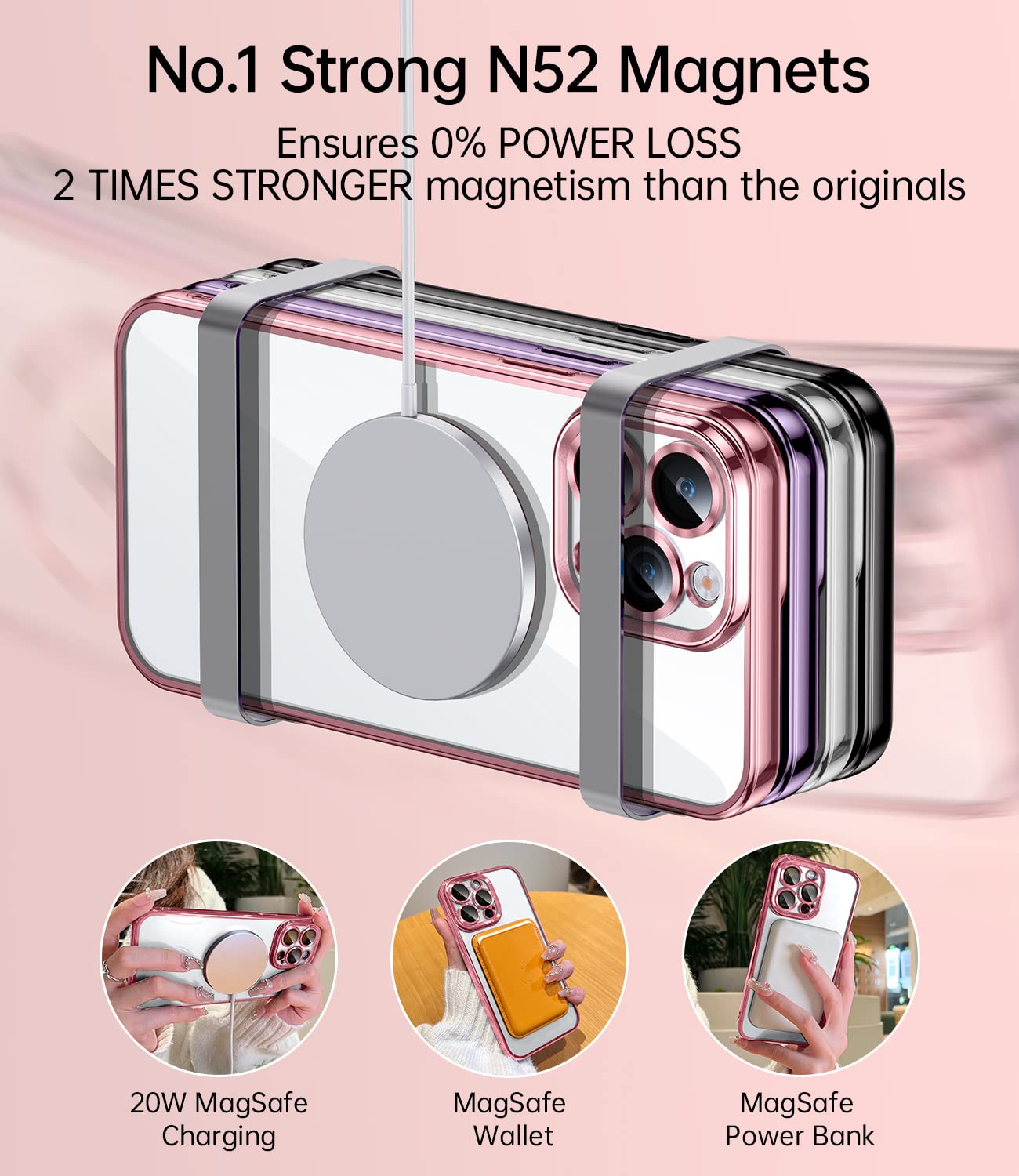 Jueshituo Magnetic Metallic Glossy Clear For Iphone 13 Pro Max Case With Full Camera Cover Protection [No.1 Strong N52 Magnets]