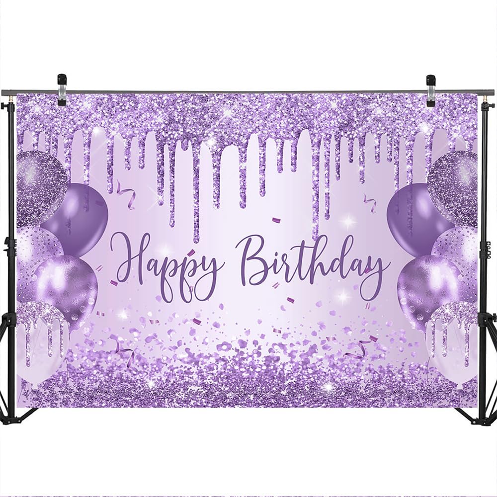 Mocsicka Purple Birthday Backdrop Glitter Balloon Woman Happy Birthday Party Decorations Glitter Girls Sweet 16 18Th 21Th Birthd
