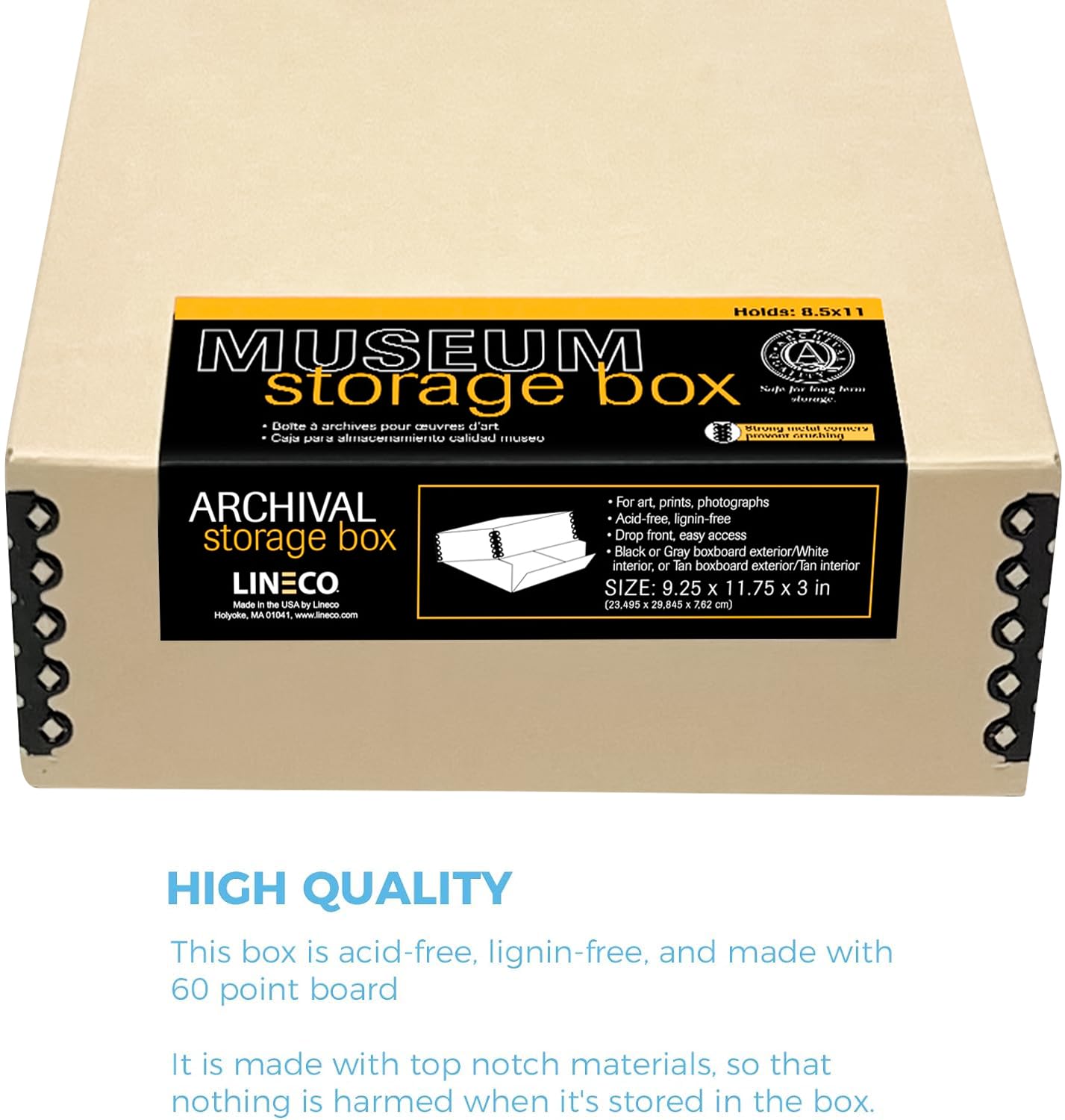 Lineco Museum Archival Storage Box, 9.25X11.75X3 In. Drop Front Design. Acid Free With Metal Edge. Organize Photos, Pictures, Prints, Documents, Crafts, Diy. Tan, 1 Pack