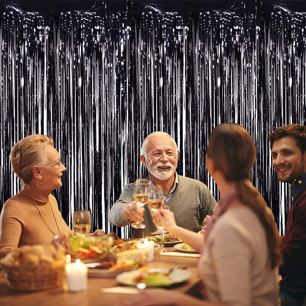 Toniful 3Pcs Black Door Streamers,Photo Booth Backdrop,Metallic Streamers Black Foil Fringe Curtains For Birthday,Christmas,New