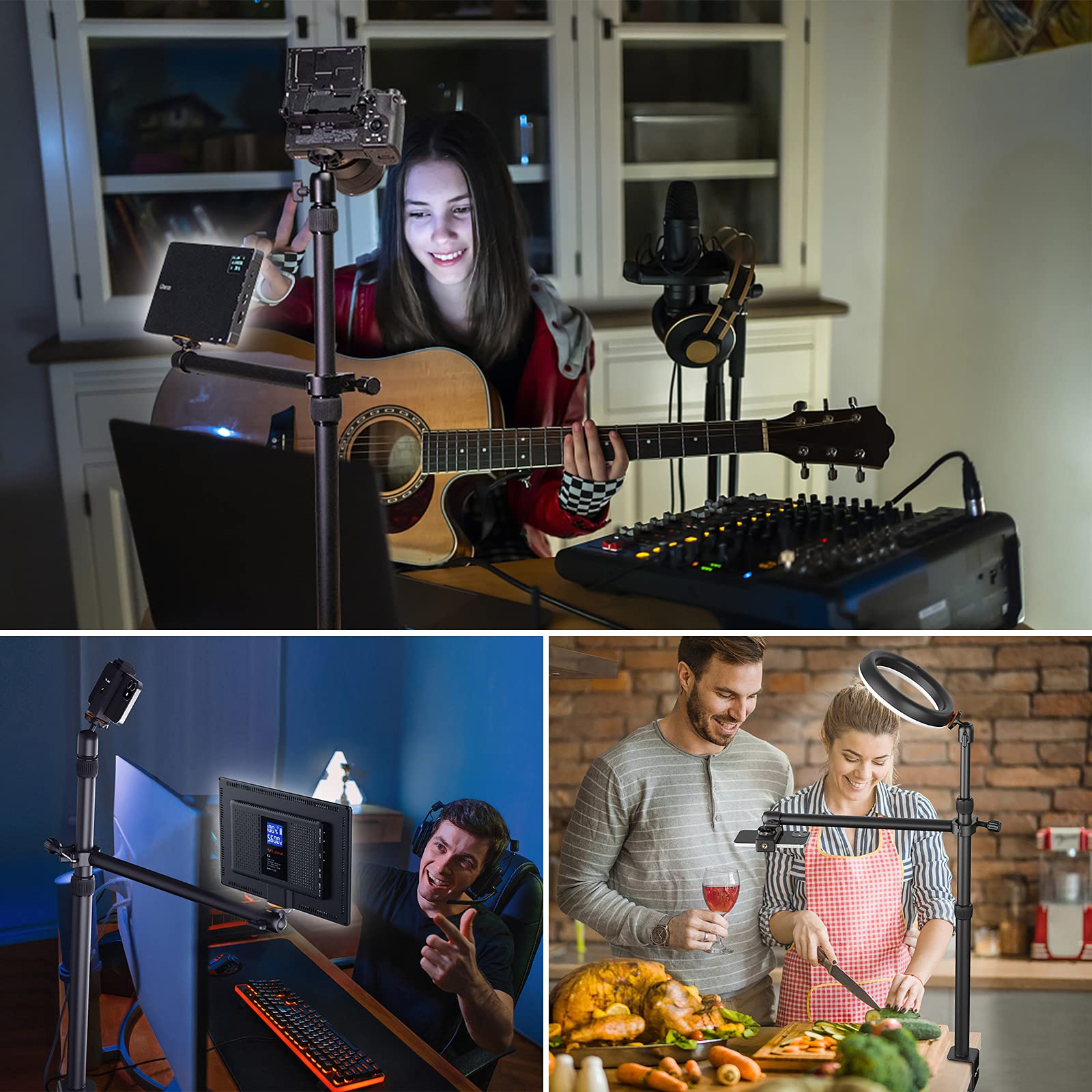 Jusmo Camera Desk Mount With Auxiliary Holding Arm, Overhead Camera Mount With 360 Ballhead And Phone Grip, Table C Clamp Multi