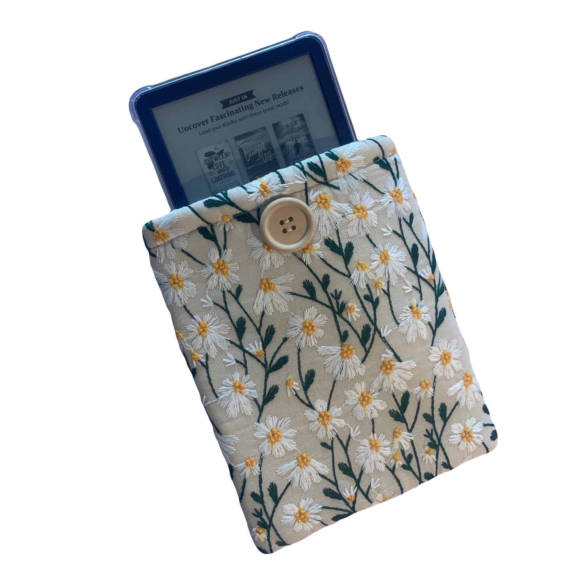 Embroidered Daisy Padded Kindle Paperwhite Sleeve E Reader Pouch (White Beige)