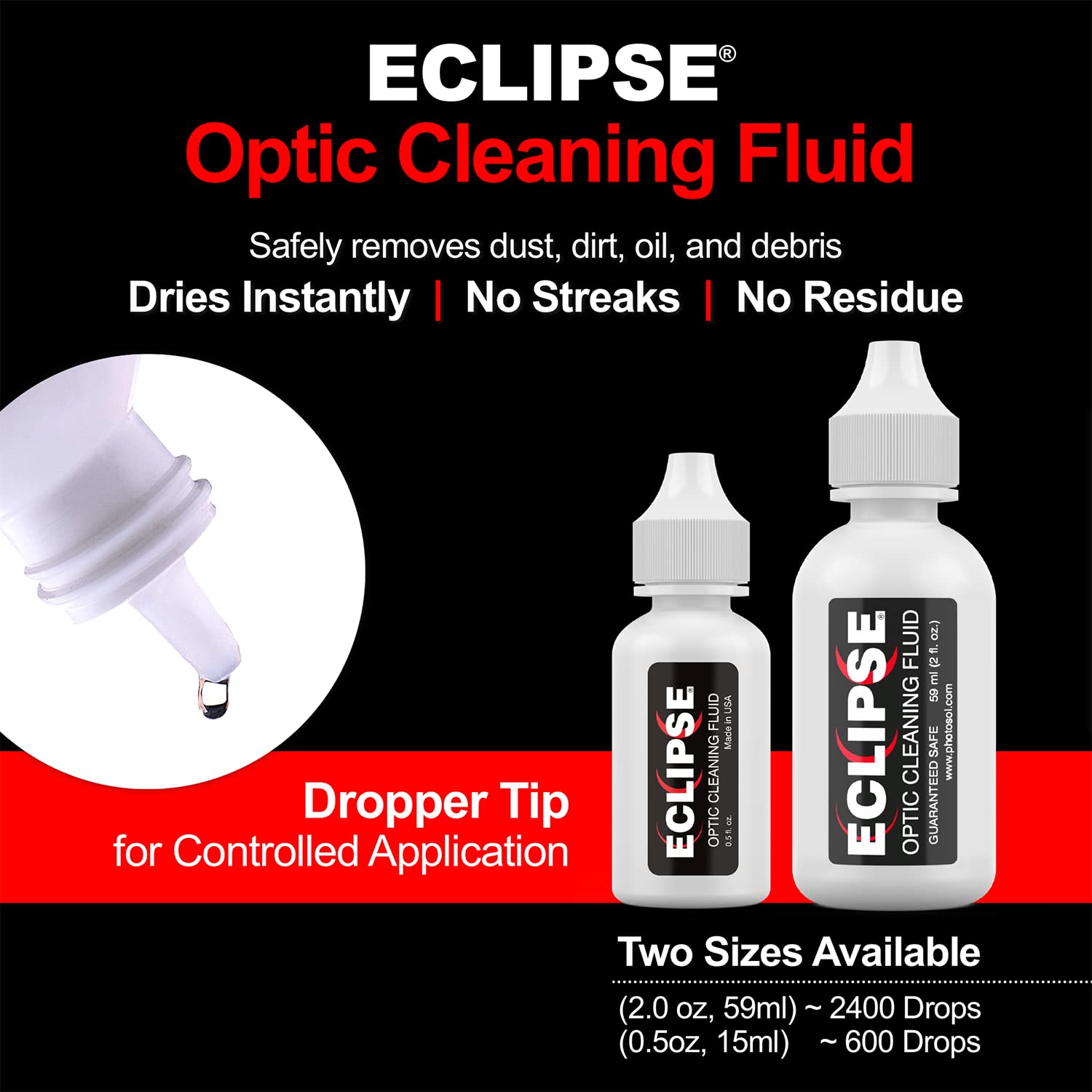 Eclipse Optic Cleaning Solution   Camera Lens And Digital Sensor Cleaner Fluid   Works With All Cameras, Binoculars, And Other Optical Products   Dropper Tip (15Ml)   0.5Oz (2 Pack)
