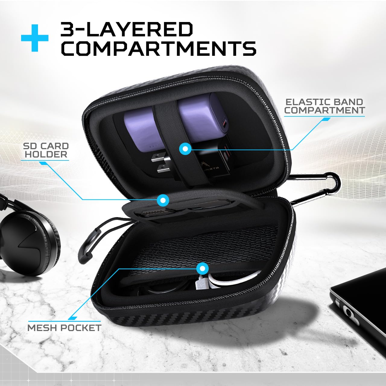 Futurizta Tech� Mini Hard Shell Eva Carrying Case Impact & Water Resistant With Carabiner, Sd Card Slot 9Cm X 13Cm For Mini Powerbank, Charger, Cable, Ssd And Earphones