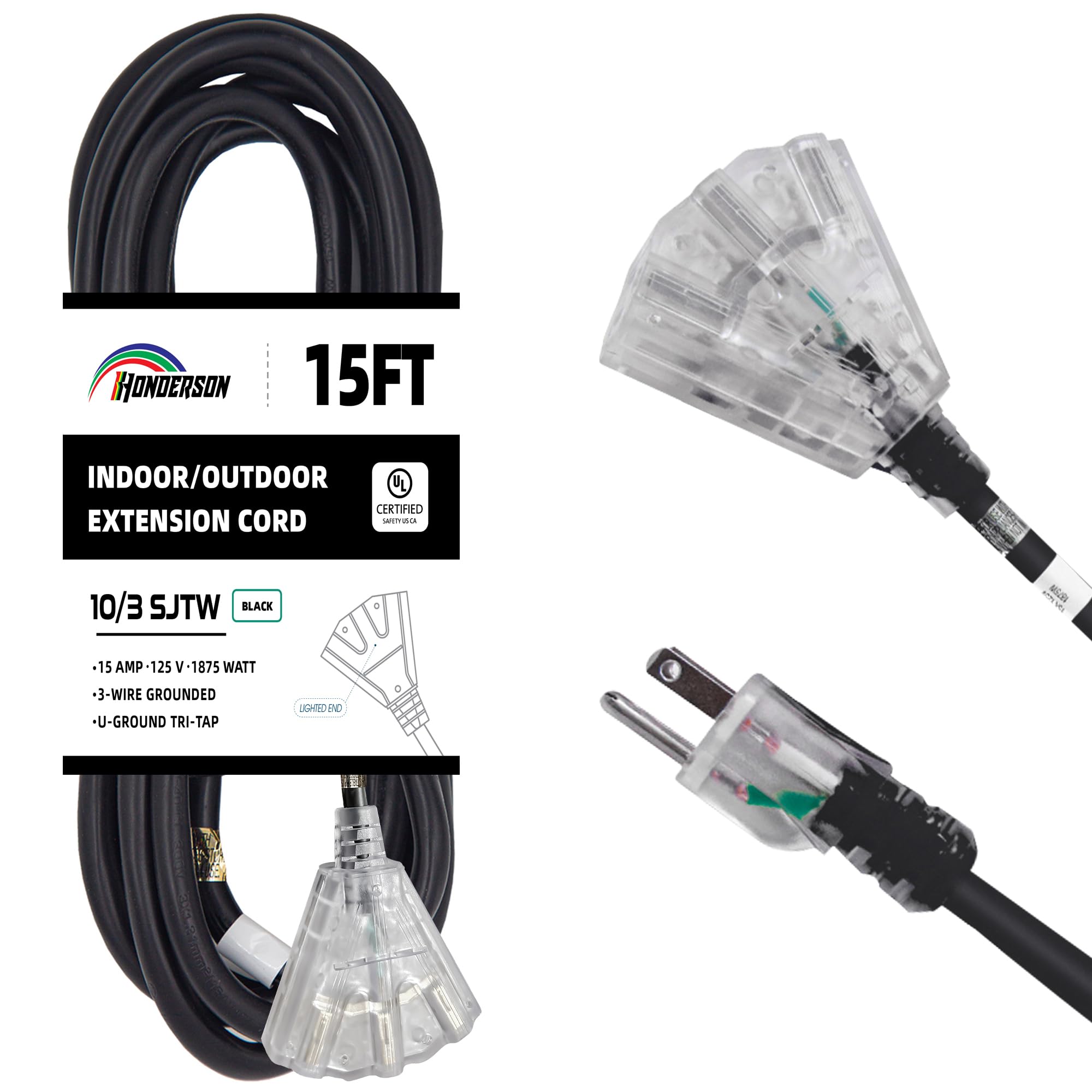 Honderson 3 Outlets Indoor Outdoor Extension Cord Weatherproof With Lighted End, Ul Listed, 10 Gauge 15Ft Black 3 Prong Heavy Du