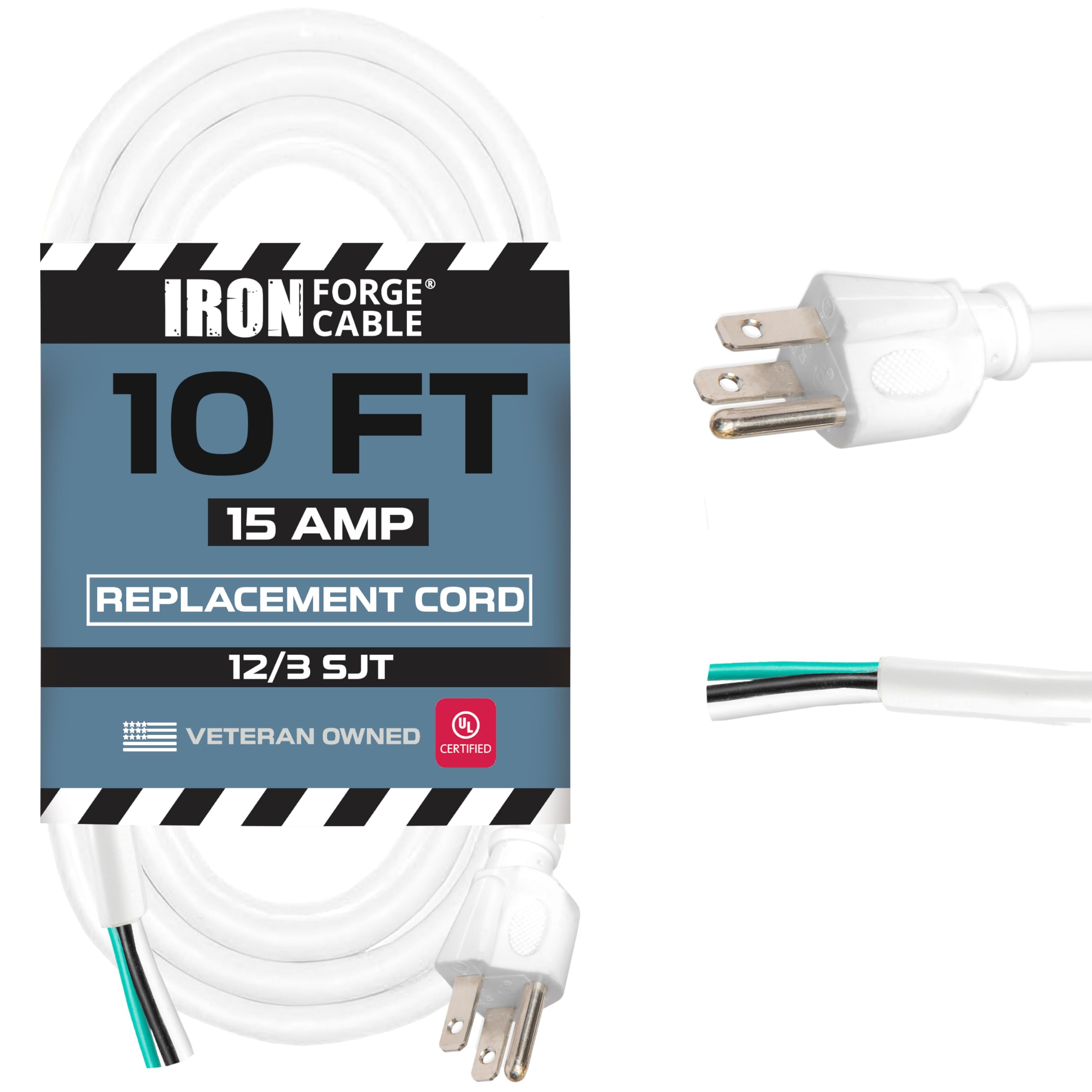 Iron Forge Cable 12 Gauge Power Cord Replacement   10Ft,15 Amp White Heavy Duty Extension Cord, 12/3 Sjt 3 Prong Electric Cable