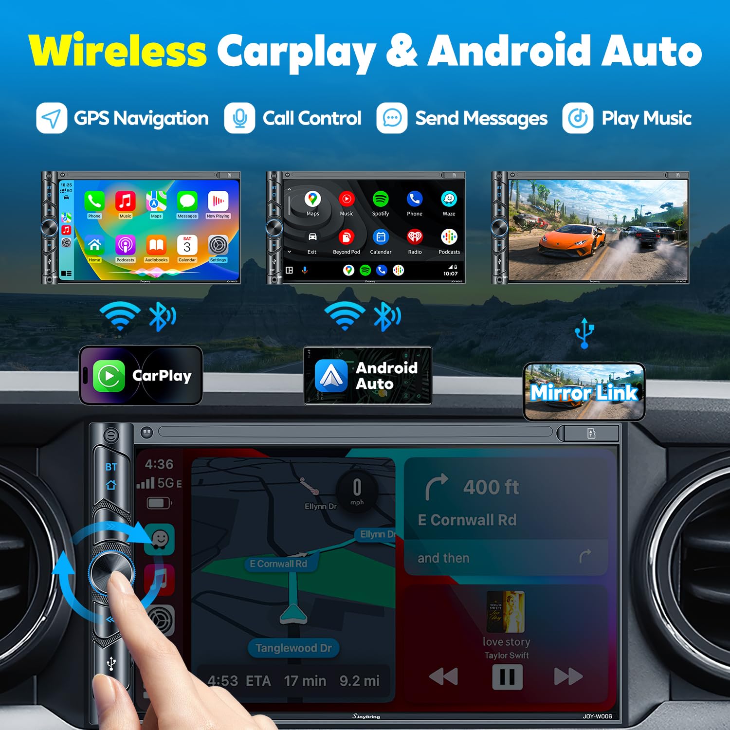 Upgrade Wireless Double Din Car Stereo With Carplay, Android Auto, Bluetooth, 4 Channel Rca, High Power, 2 Subwoofer Ports, 7''