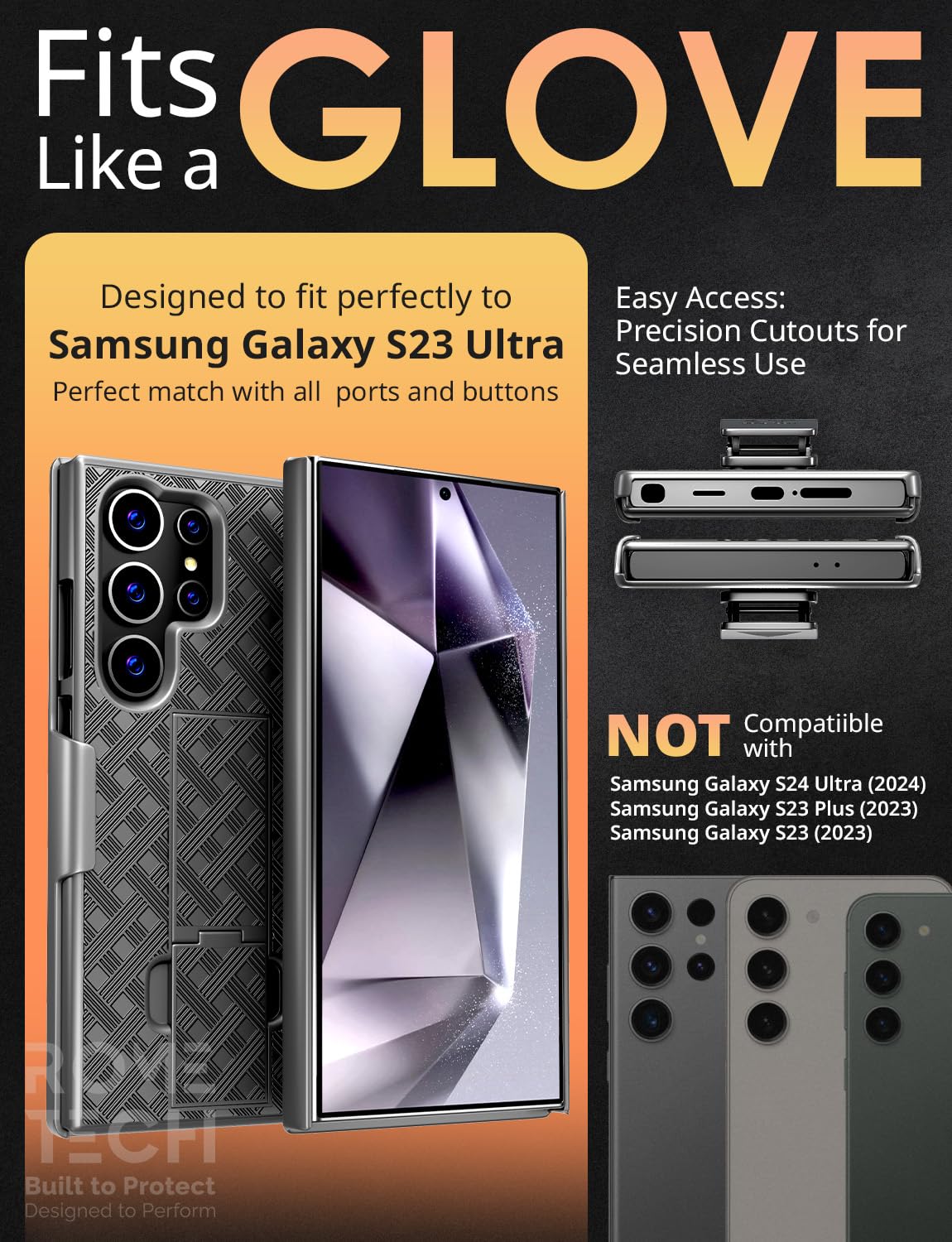 For Samsung Galaxy S23 Ultra Case With Belt Clip Holster, Kickstand Slim Cover Phone Case For Galaxy S23 Ultra   Black