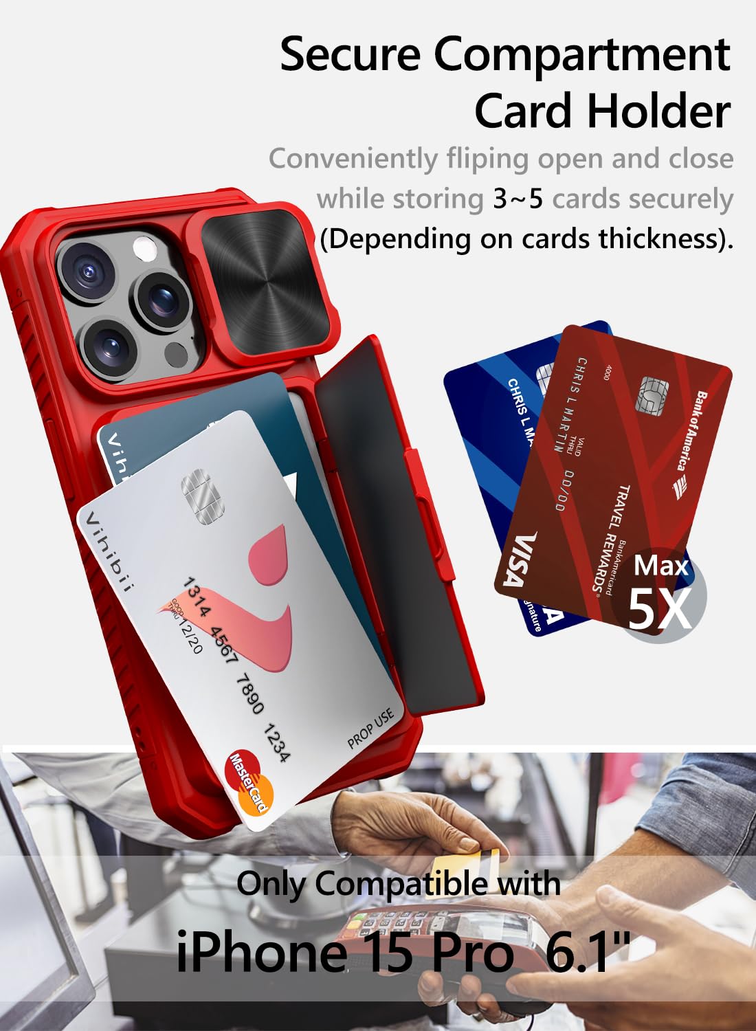 Vihibii For Iphone 15 Pro Wallet Case With Card Holder (4 Cards) & Slide Camera Cover & Kickstand & Raised Edges Protective Scre