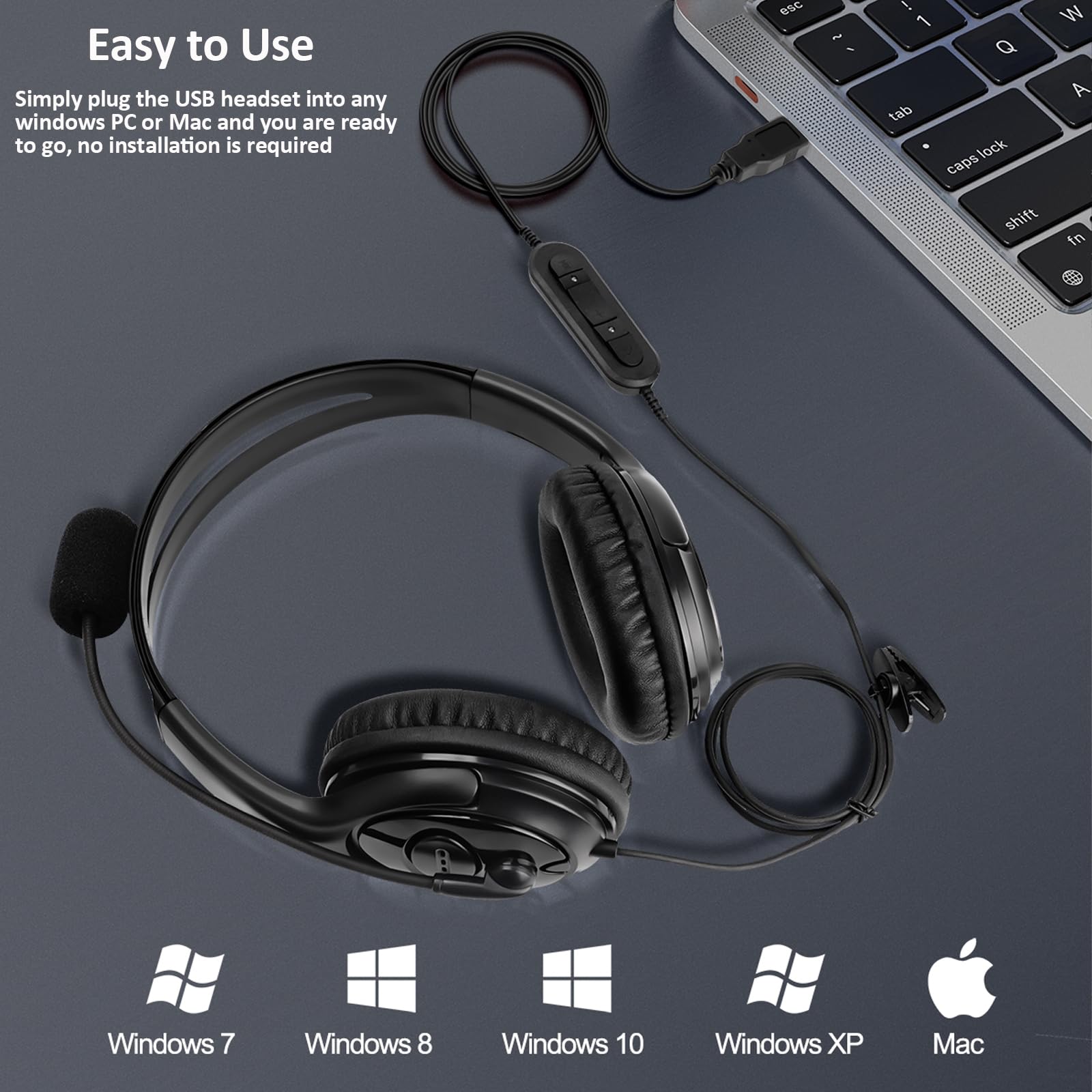 Mkj Usb Headset With Microphone For Pc, Stereo Computer Headset With Noise Canceling Mic For Laptop Mac, Dual Ear Wired Headphone For Call Center, Home Offices, Skype, Zoom, Microsoft Teams, Webinar