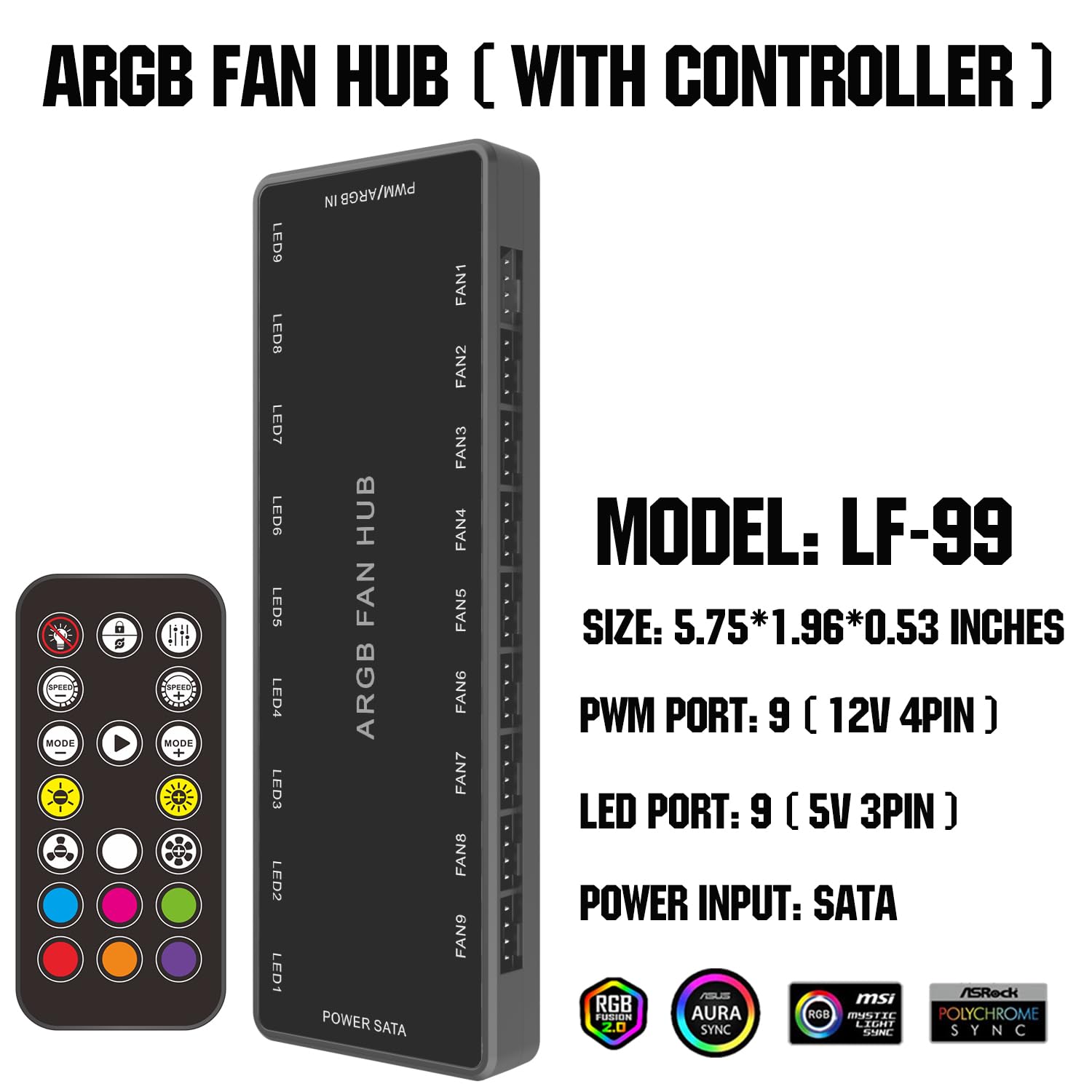 Argb Pwm Fan Hub, Addressable 5V-3Pin Argb 12V 4Pin Pwm 2-In-1 Rgb Case Fan Hub With Controller And Sata Power Input, 9 Fan Port