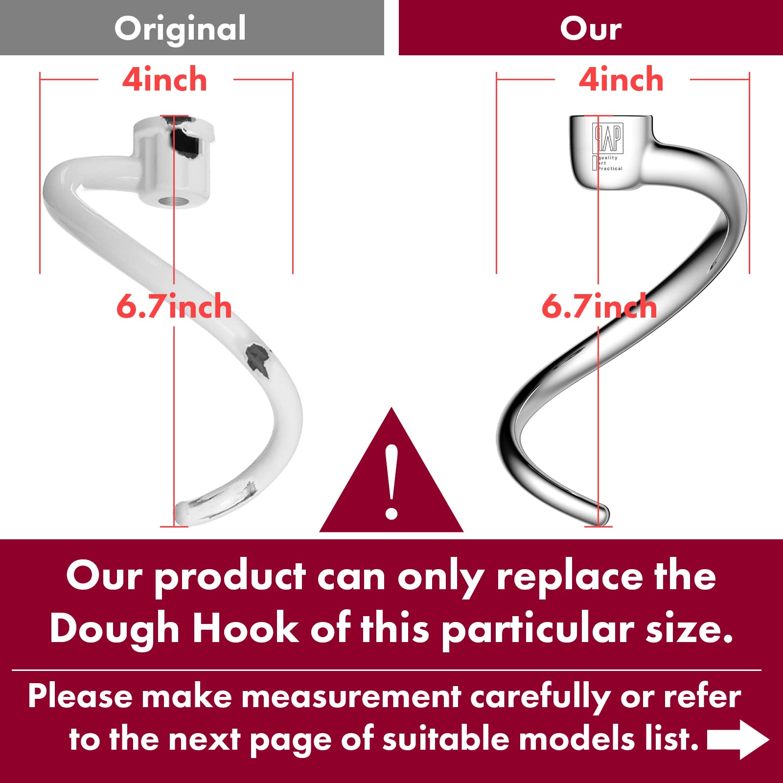 Qap Quality Art Practical Stainless Steel Spiral Dough Hook Replacement For Kitchenaid 5Plus & 6Qt Bowl Lift Stand Mixers, Rustp