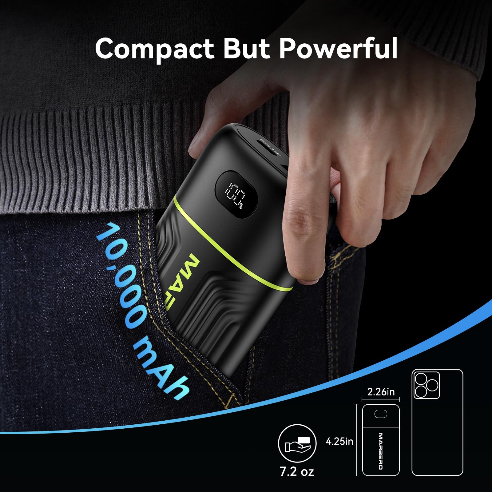 Marbero Portable Charger 10000Mah Mini Power Bank Usb C In&Out Fast Charging Battery Pack Compact External Phone Powerbank Compa