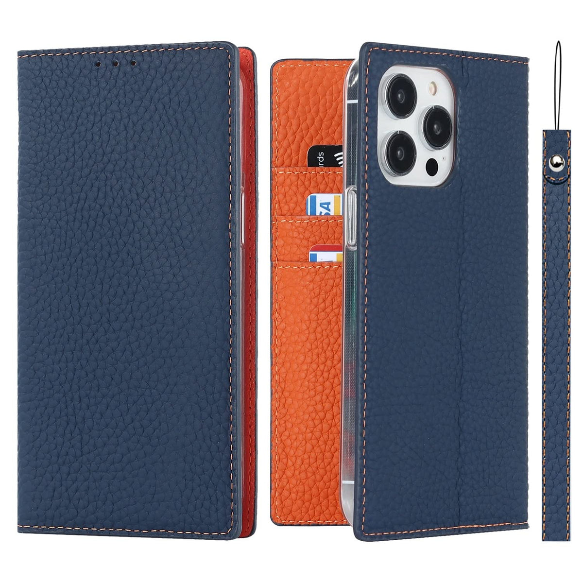 Icovercase Designed For Iphone 14 Pro Max Wallet Case, Rfid Blocking Genuine Leather Magnetic Case With Wrist Strap And Card Slo