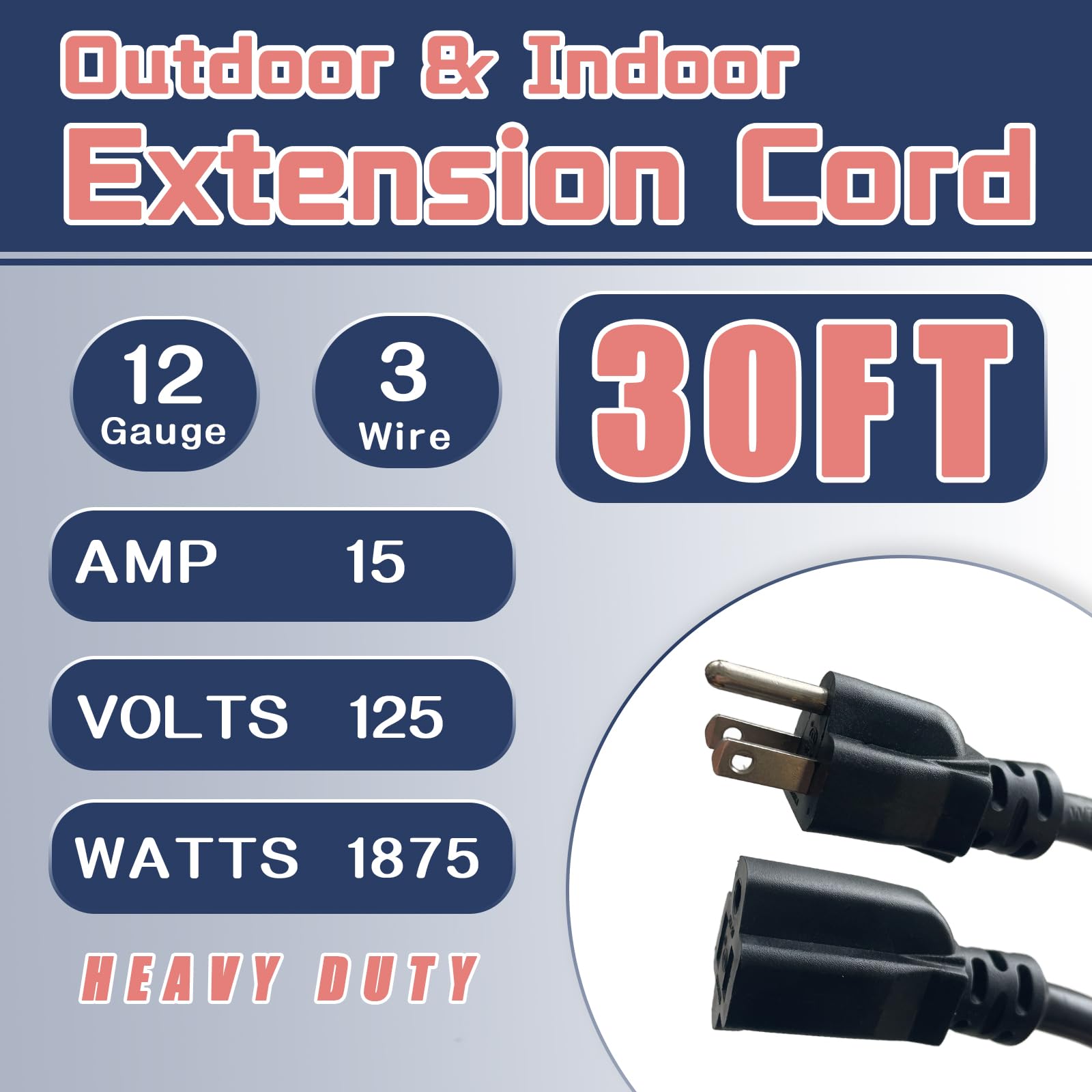 Greatide 30 Ft Outdoor Extension Cord   12/3 Sjtw Heavy Duty Black Extension Cable With 3 Prong Grounded Plug   Power Cord For L