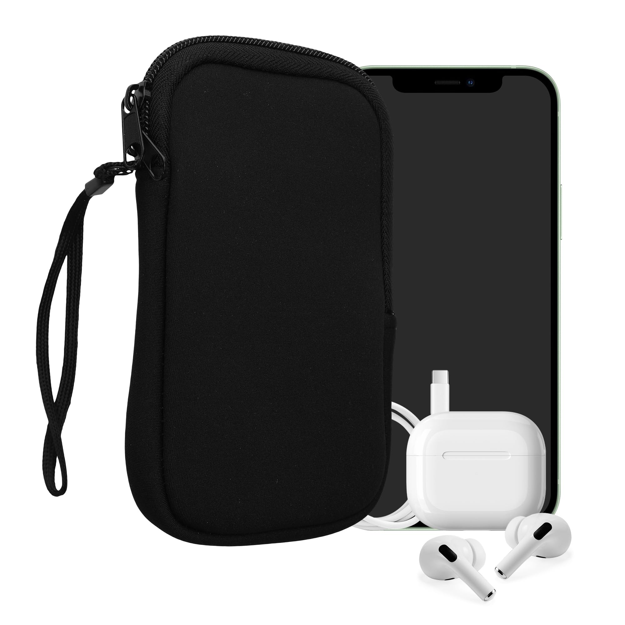 Kwmobile Neoprene Phone Pouch Size L   6.5''   Universal Cell Sleeve Mobile Bag With Zipper, Wrist Strap   Black