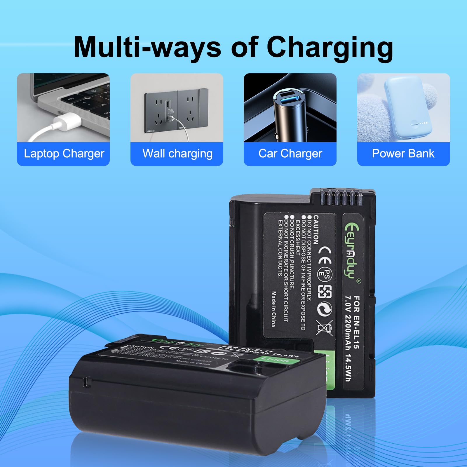 Eeyrnduy En El15 2 Pack Batteries For Nikon Z6 Z7 Z8 D750 D850 D7000 D7500 D7100 D7200 D500 D600 D610 D800 D810 D850 Camera 2200