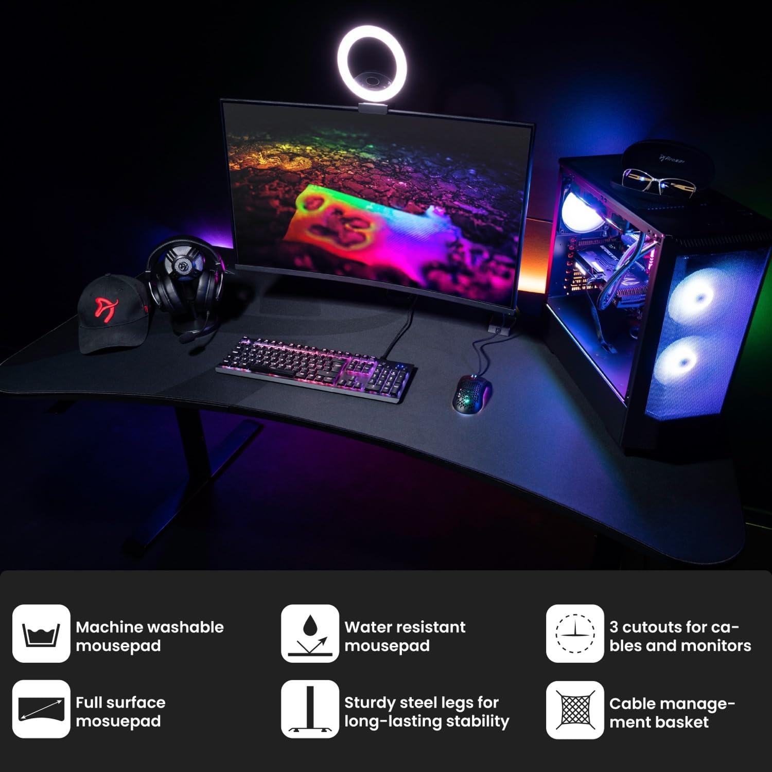Arozzi Arena Ultrawide Curved Gaming And Office Desk With Full Surface Water Resistant Deskmat Custom Monitor Mount Cable Manage