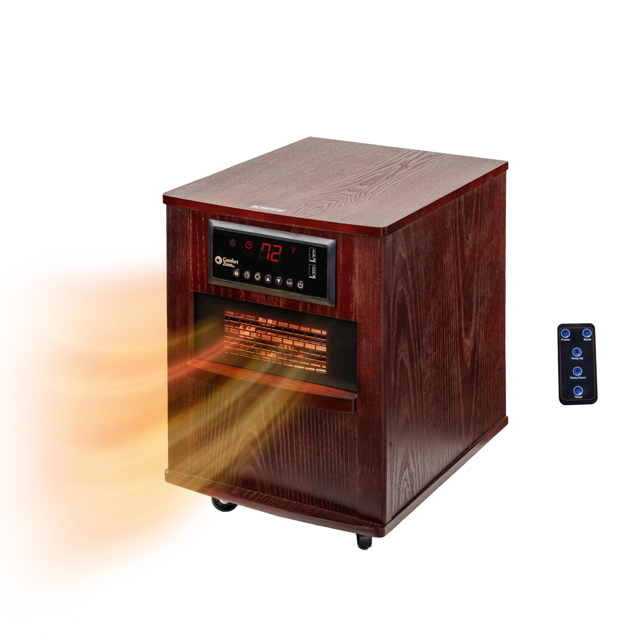 Comfort Zone Indoor Space Heater, 20 inch, 1,500 watt, Cabinet Heater with Remote, Infrared, Quartz, USB Charging Ports, Timer, 