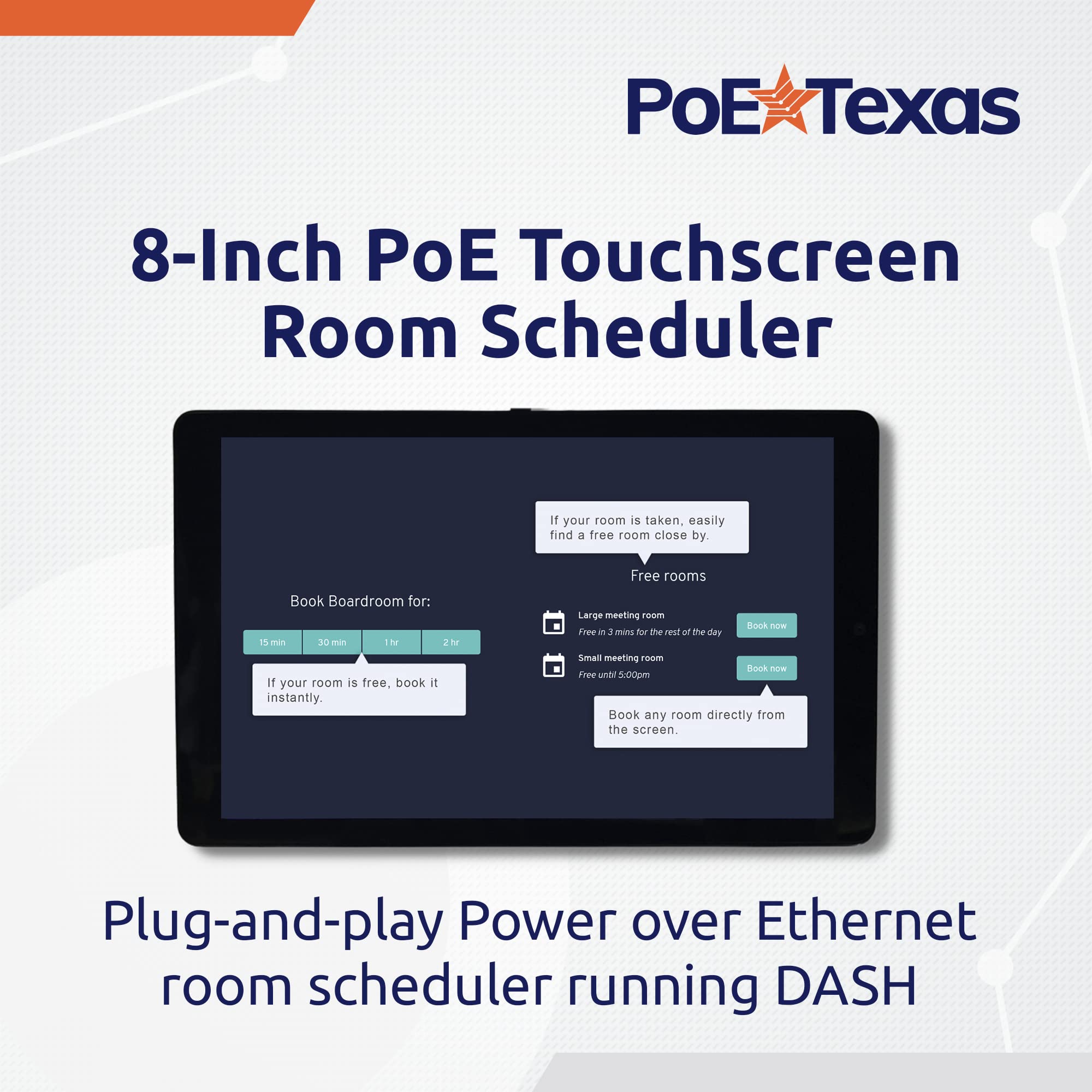 Poe Texas 8'' Touchscreen Meeting Room Scheduler Tablet (No Subscription Required)   Plug & Play Poe Office Conference Room Sche