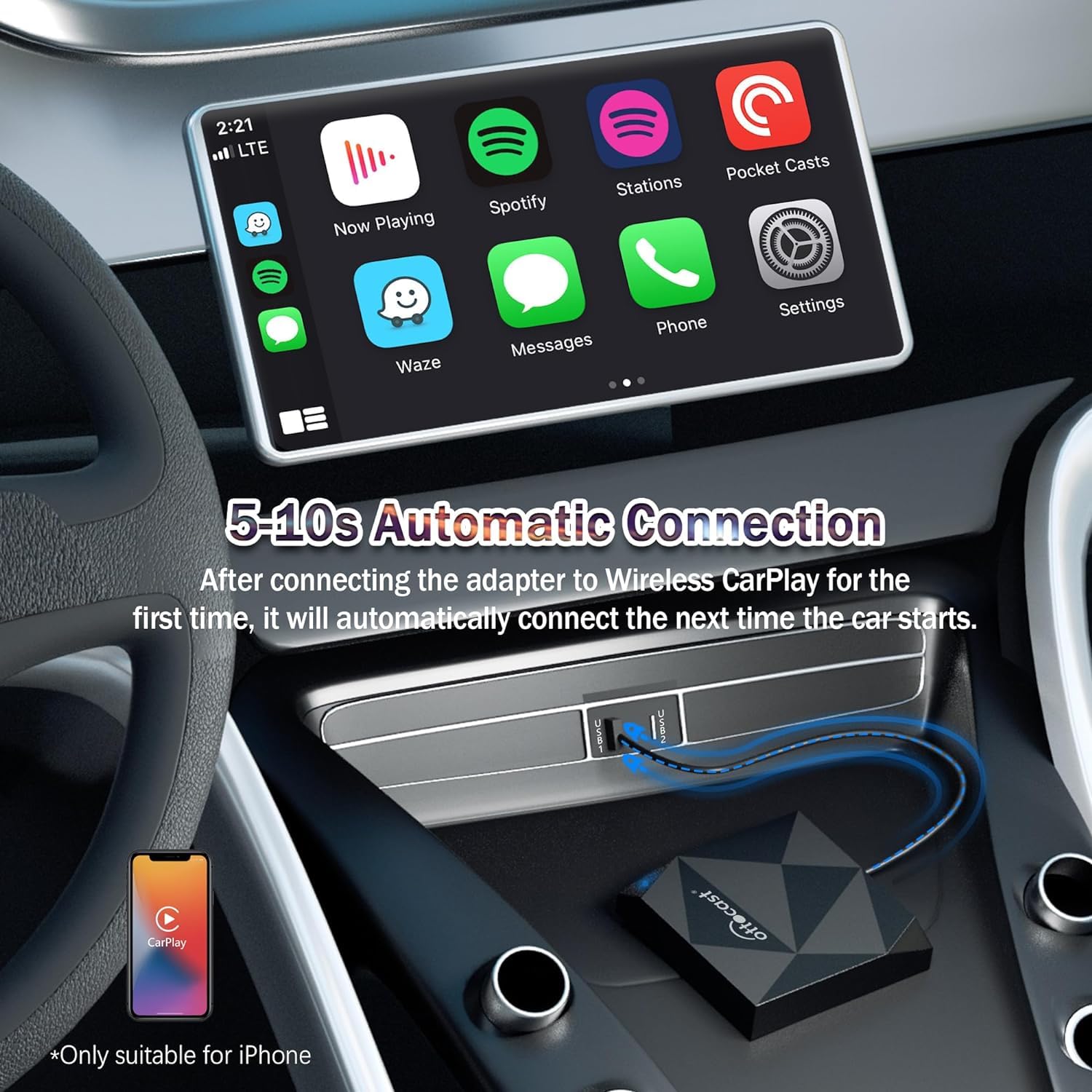 Ottocast Wireless Carplay Adapter 2024 Carplay Wireless Adapter For Cars With Factory Wired Carplay (Year: After 2016), No Lag U
