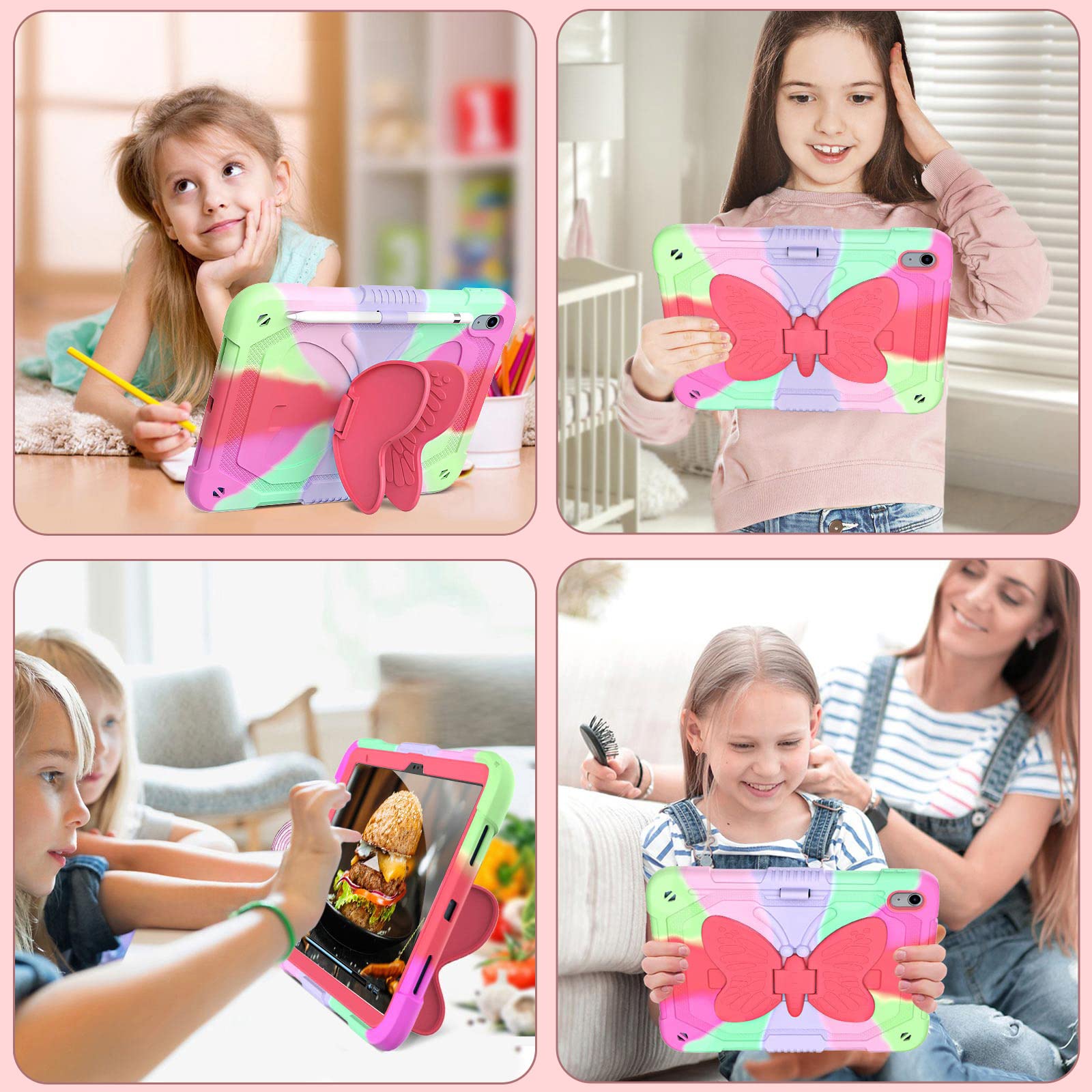 Ambison Case For Ipad 10Th Generation 2022 10.9 Inch For Kids Girls,With 9H Tempered Glass Screen Protector, Rugged Heavy Duty Shockproof Protective Case With Butterfly Stand,Carrying Strap Rose Red