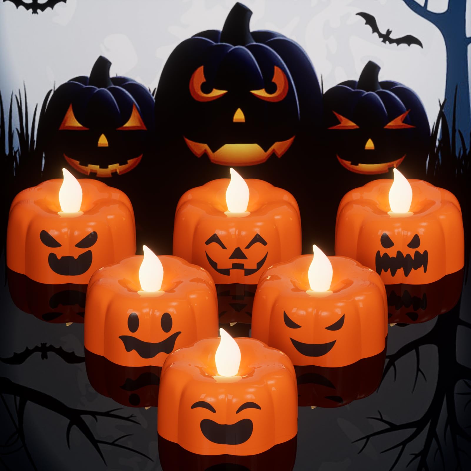 Kunswenn Halloween Pumpkin Tea Lights Candles Battery Operated With Timer, 6 Pack Flameless Led Tealight Candles For Halloween P