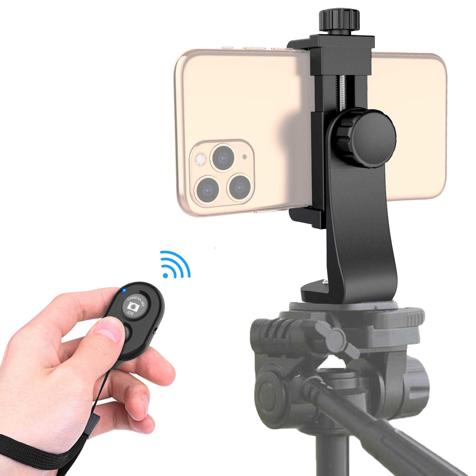 Universal Phone Tripod Mount Adapter with Wireless Camera Remote , Cell Phone Holder with Adjustable Clamp for Selfie Stick Mono