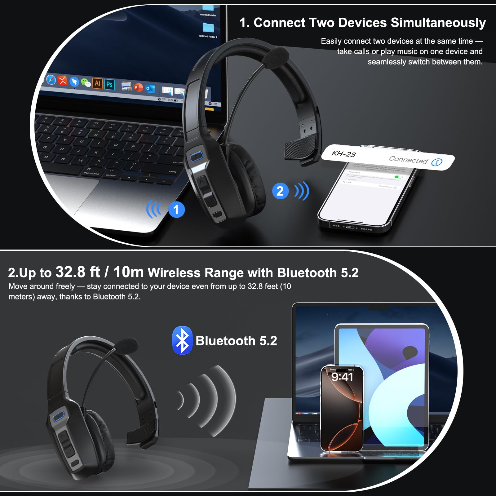 Bluetooth Headset For Truck Drivers, Single Ear Wireless Headphones With Mic Noise Cancelling, Mute Button, Hands-Free, 60H Play