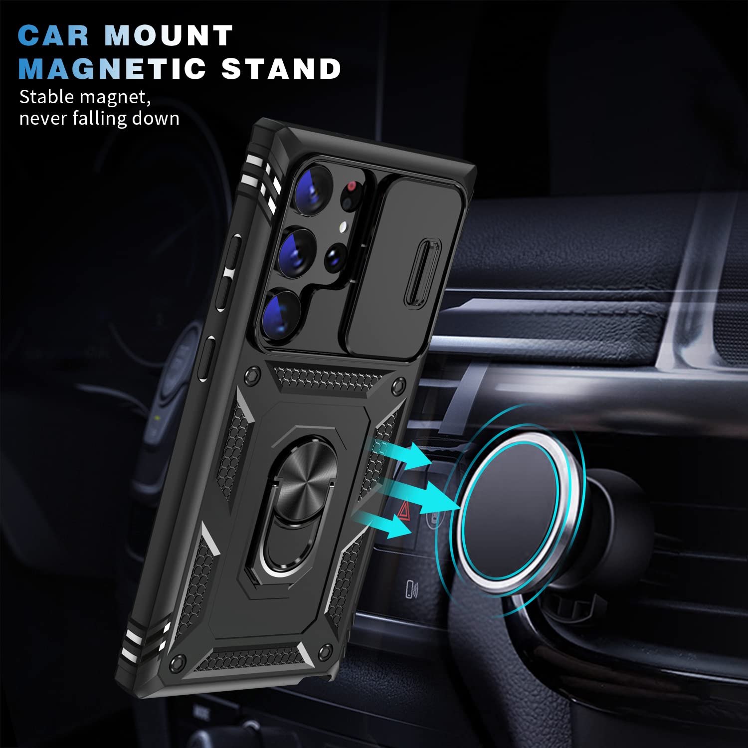 Pasnew For Samsung Galaxy S23 Ultra Case Military,360 Metal Ring Kickstand & Camera Slide Cover,Multi-Layer Heavy Duty Full Body