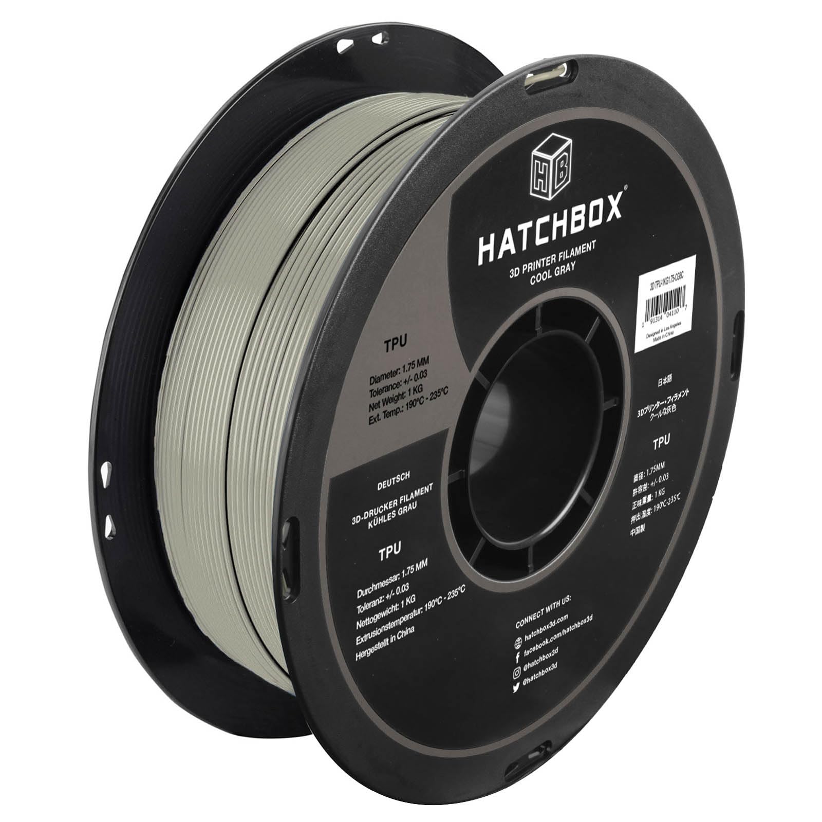 HATCHBOX 1.75mm Cool Gray TPU 3D Printer Filament Shore 95A, 1 KG Spool, Dimensional Accuracy +/- 0.03 mm, 3D Printing Filament