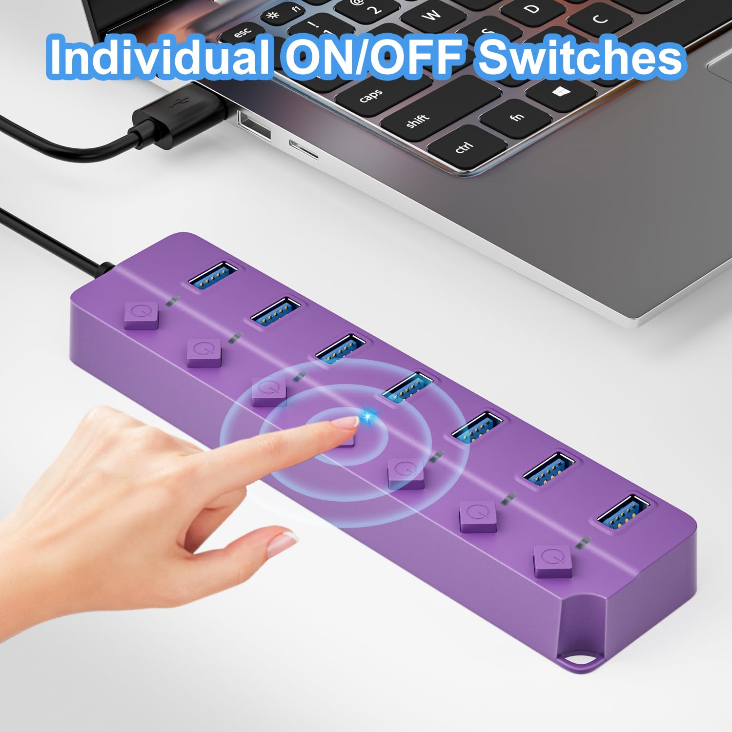 Onfinio Usb Hub 3.0, 7 Port Usb Hub Splitter With Individual On/Off Switches And Lights, 3.2Ft/1M Long Cable Compatible With Macbook, Laptop, Surface Pro, Ps4, Pc, Flash Drive, Mobile Hdd Purple
