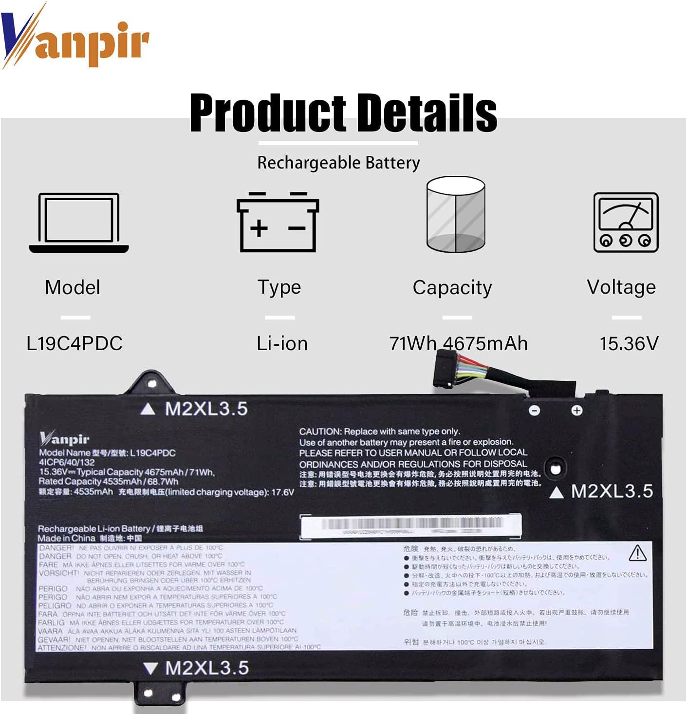 Vanpir L19C4Pdc Laptop Battery 15.36V 71Wh 4675Mah Replacement For Lenovo Ideapad Yoga 7 14Itl5 7 15Itl5 Series Notebook 5B10Z26