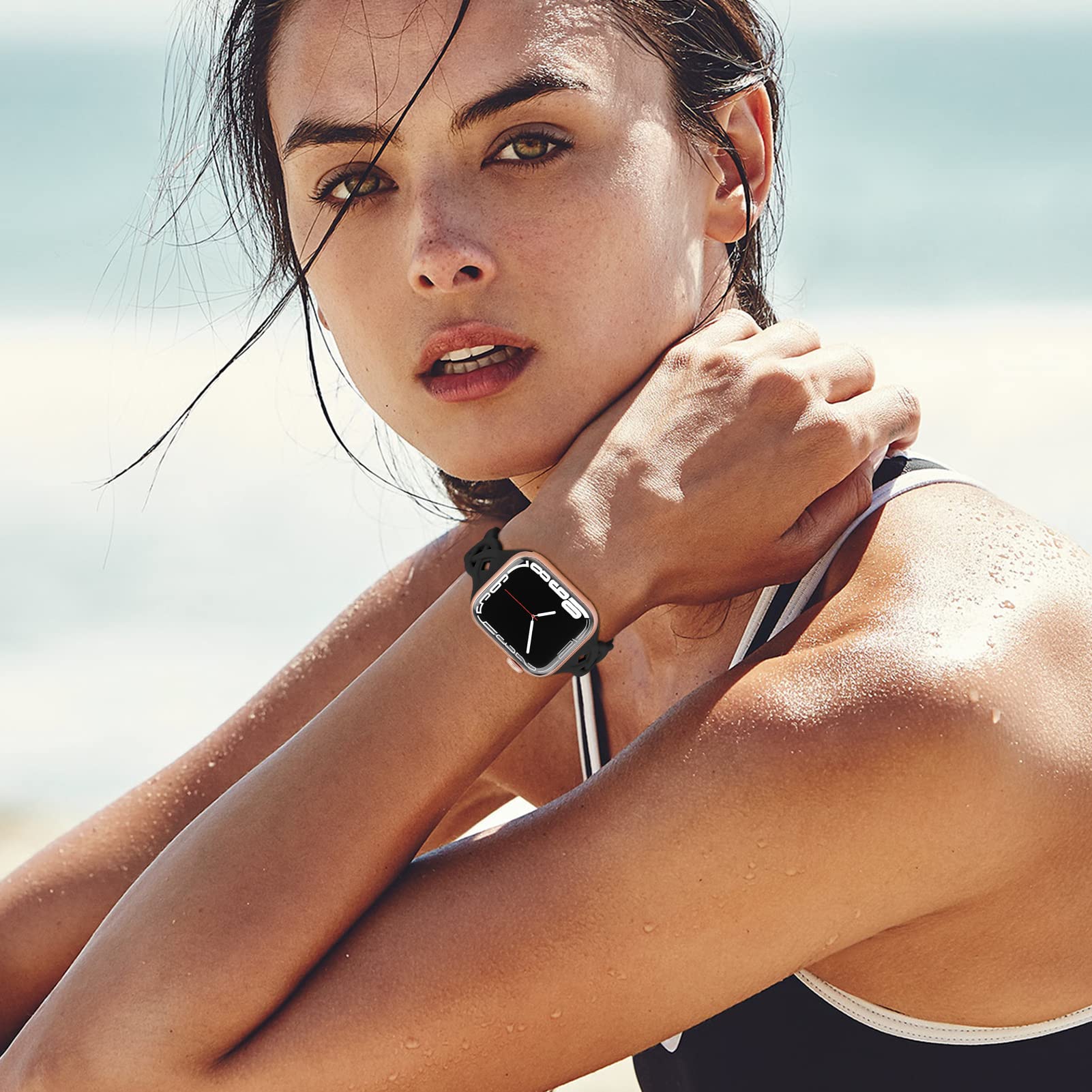 Slim Silicone Bands Compatible With Apple Watch Band 40Mm 38Mm 41Mm 44Mm 45Mm 42Mm Women Floral Breathable Braided Lace Thin Spo