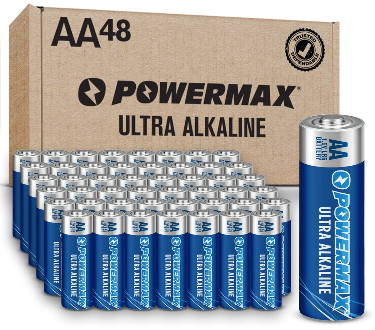Powermax 48 Count Aa Batteries, Ultra Long Lasting Alkaline Battery, 10 Year Shelf Life, Recloseable Packaging