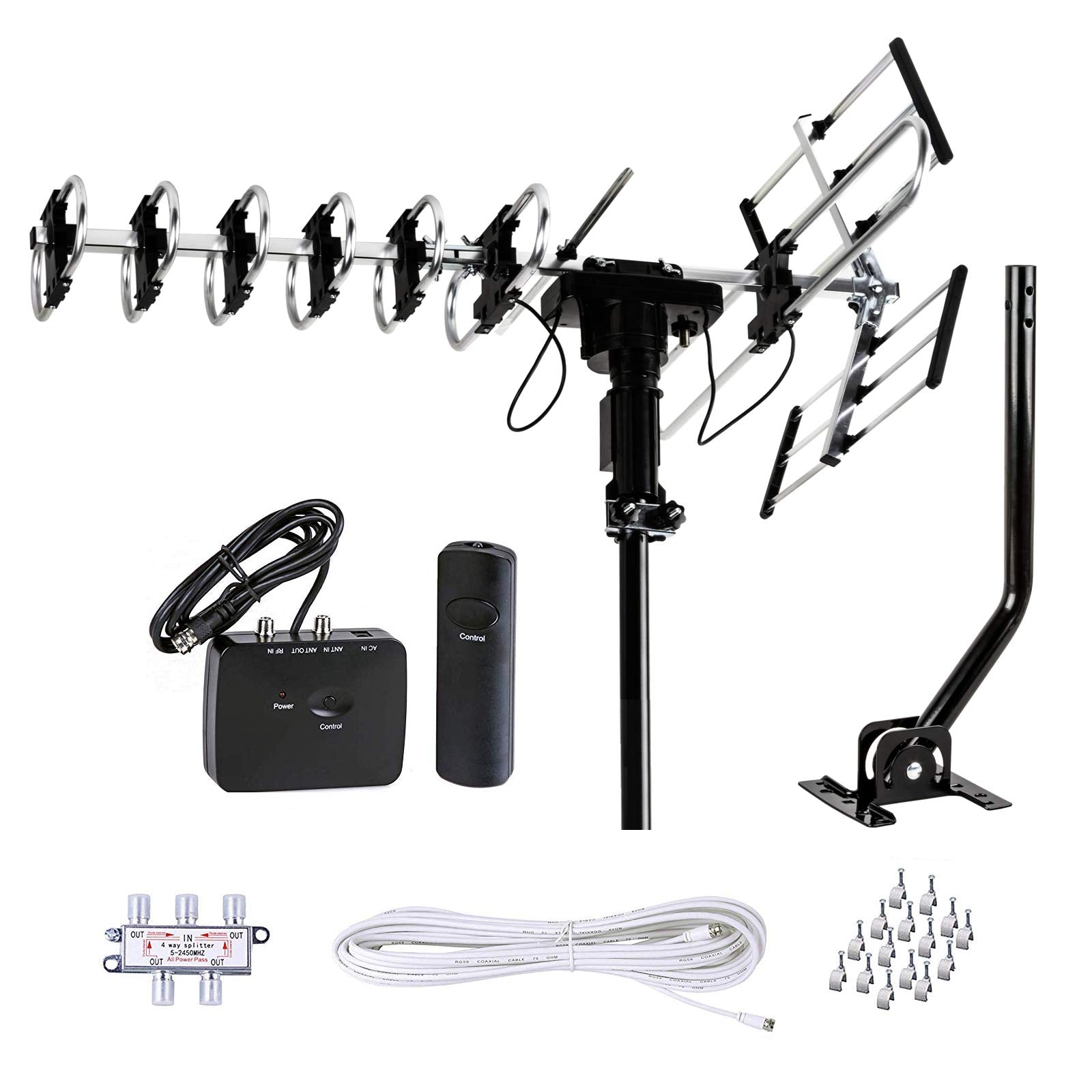 Fivestar Outdoor Hd Tv Antenna 2019 Newest Model Up To 200 Miles Range With Motorized 360 Degree Rotation, Uhf/Vhf/Fm Radio With