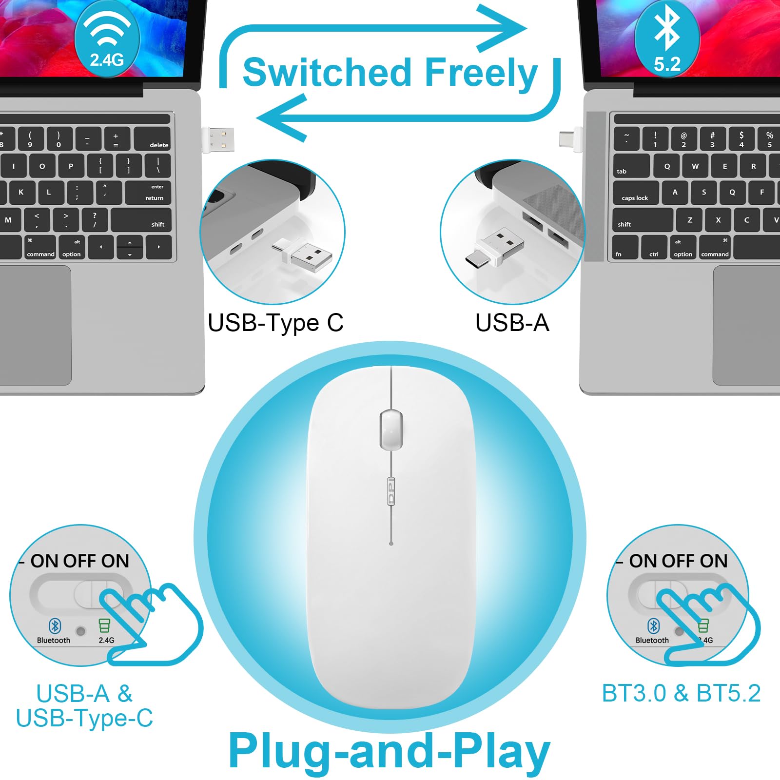 Bluetooth Wireless Mouse For Macbook Air Mac Pro Laptop Computer Ipad Pad Pc Optical Rechargeable Silent Mouse With Dual Mode Sw