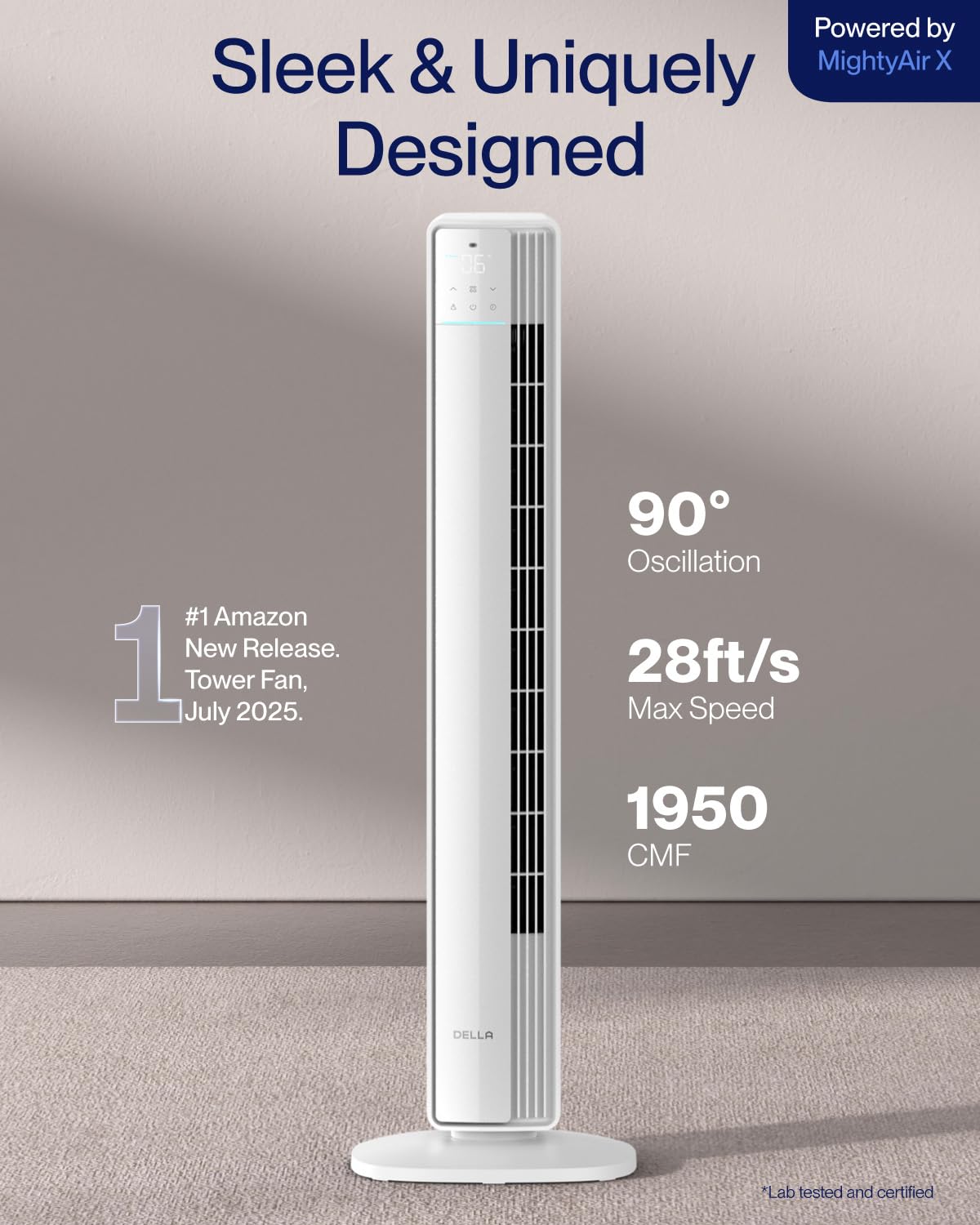 Della 42 Smart Tower Fan For Bedroom, 28Ft/S Airflow, Ultra Quiet 23Db, Cooling Fan With 12 Speeds, 90 Oscillating, Dc Motor, 24