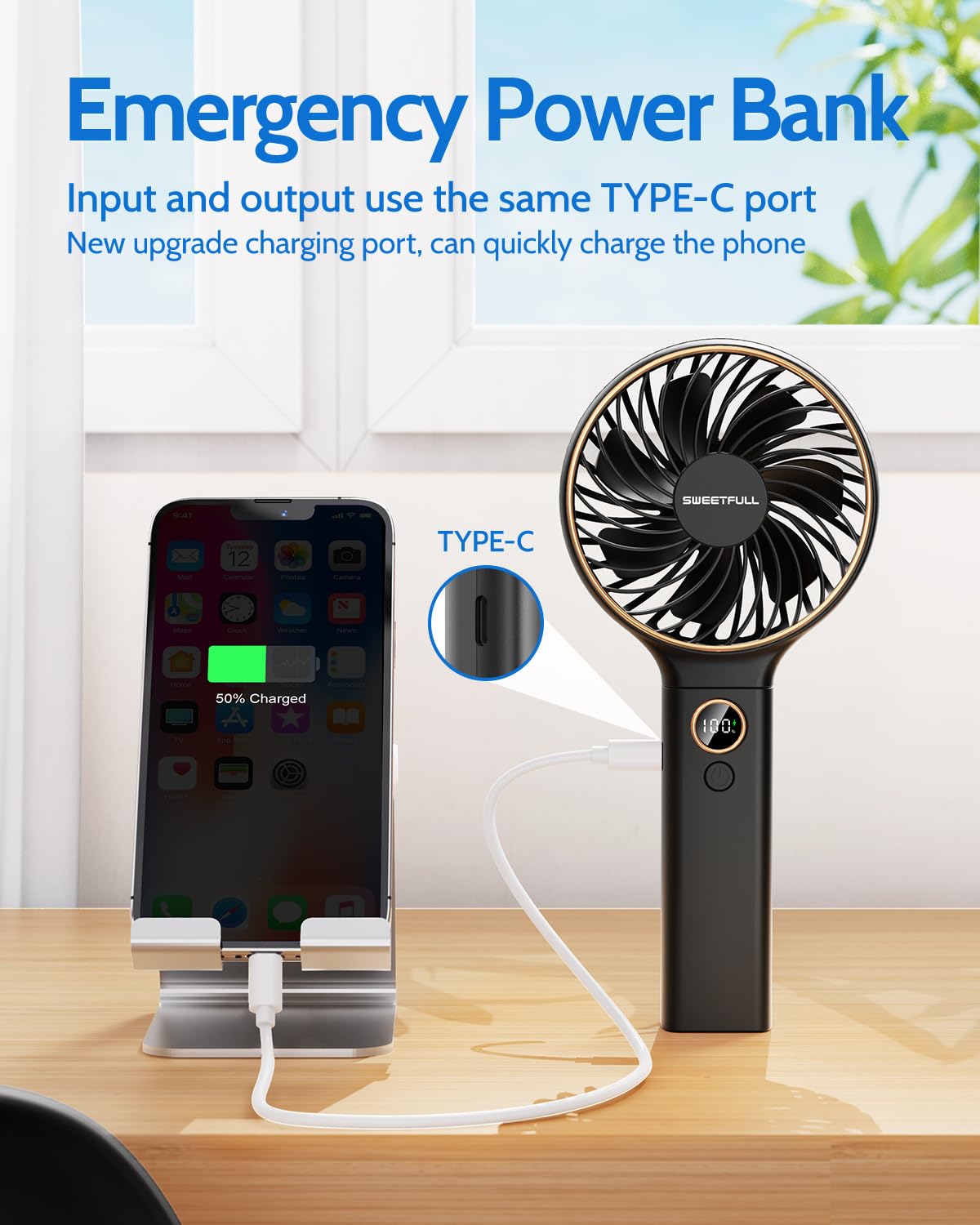 Sweetfull Handheld Fan, Portable Fan, 5000Mah Rechargeable Battery, 6 Speed Wind, Led Display, Personal Mini Travel Fan With Bac