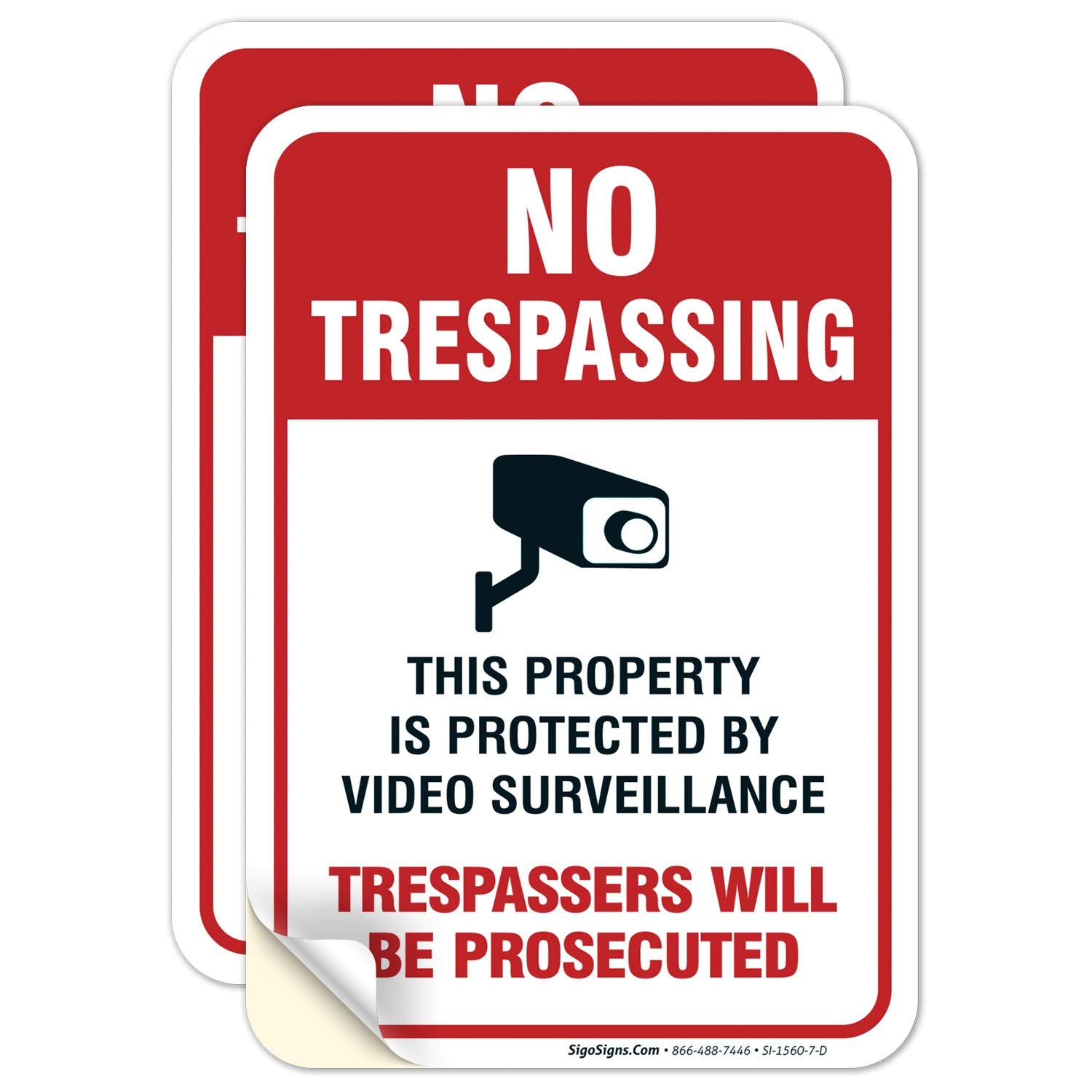 Sigo Signs Video Surveillance No Trespassing Sign, Cctv Security Camera, (2 Pack) 10X7 Inches, 4 Mil Vinyl Decal Stickers Weathe