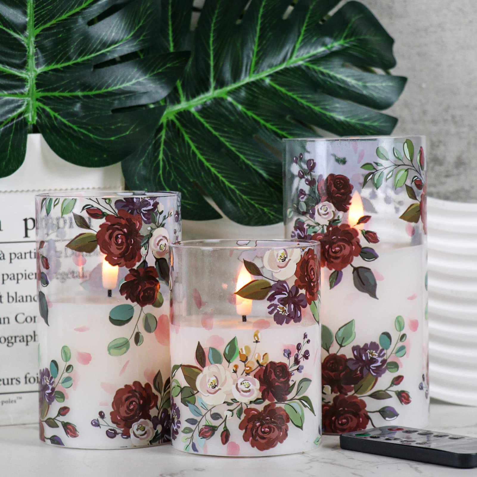 Dromance Battery Operated Glass Flameless Candles With Remote And Timer Real Wax 3D Wick Flickering Rose Led Pillar Candles Wedd