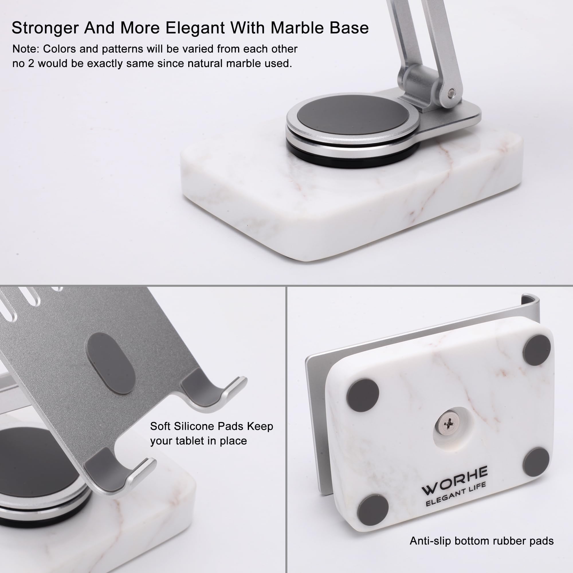Worhe Cell Phone Stand Sturdy Marble Base 360Rotation Phone Stand For Desk Foldable Aluminum Desktop Compatible With All Mobile