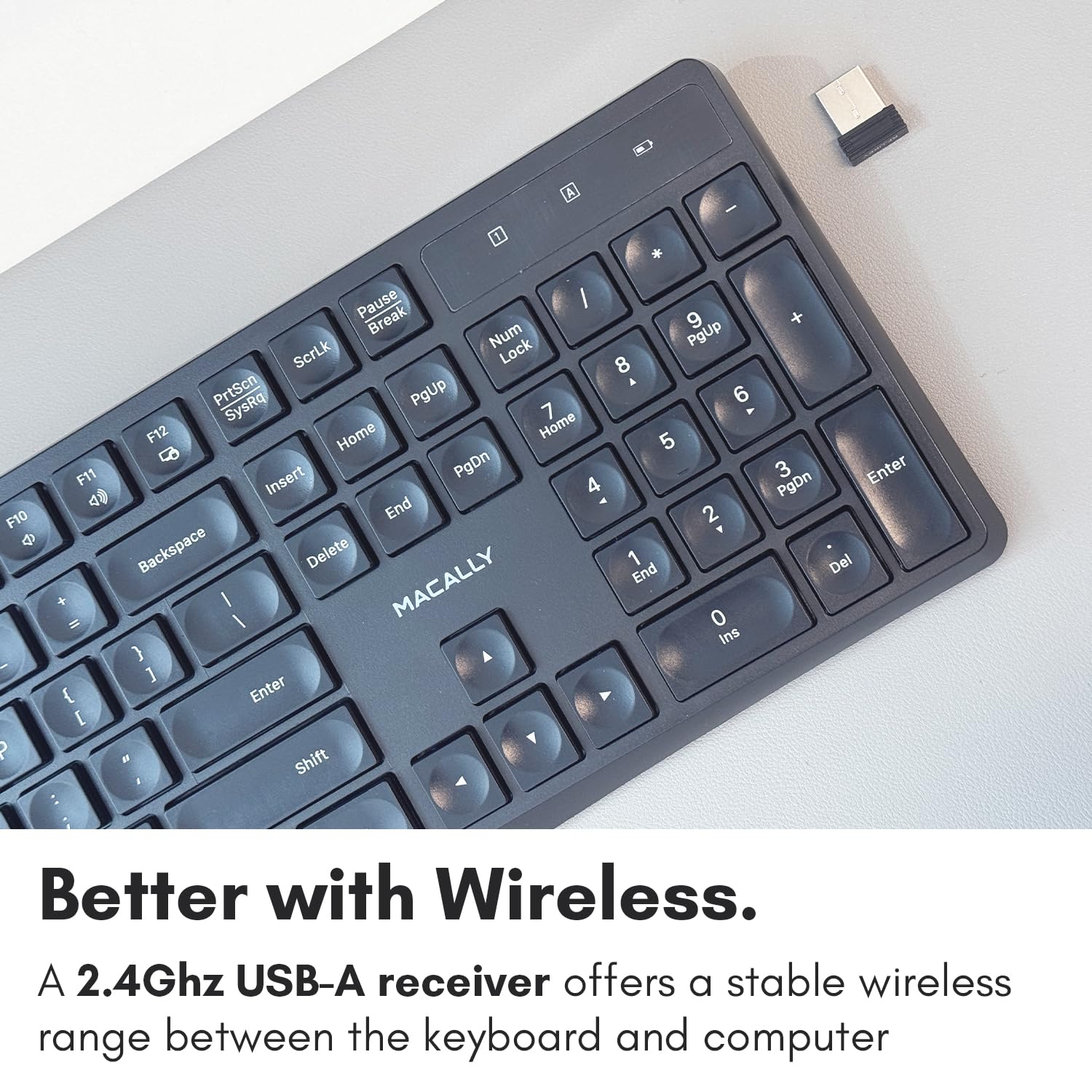 Macally Wireless Keyboard | 2.4 Computer Keyboard | Full Size Keyboard Wireless (Quiet Keys) All Day Comfortable Typing With Cor
