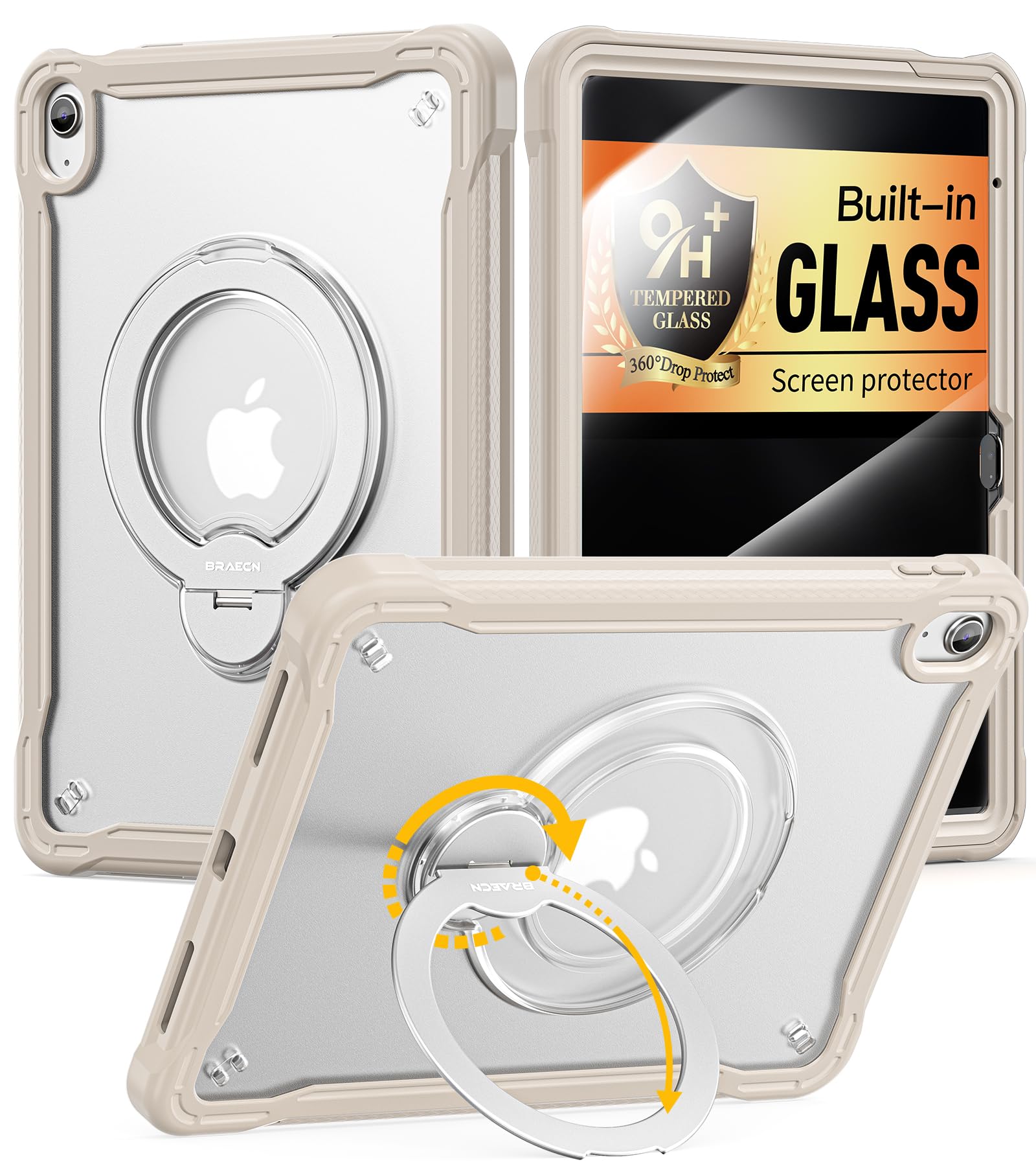 BRAECN Case for iPad (A16) 11th/10th Generation 11/10.9 inch 2025/2022 Built-in Tempered Glass Screen Protector 360Spin Stand Ki